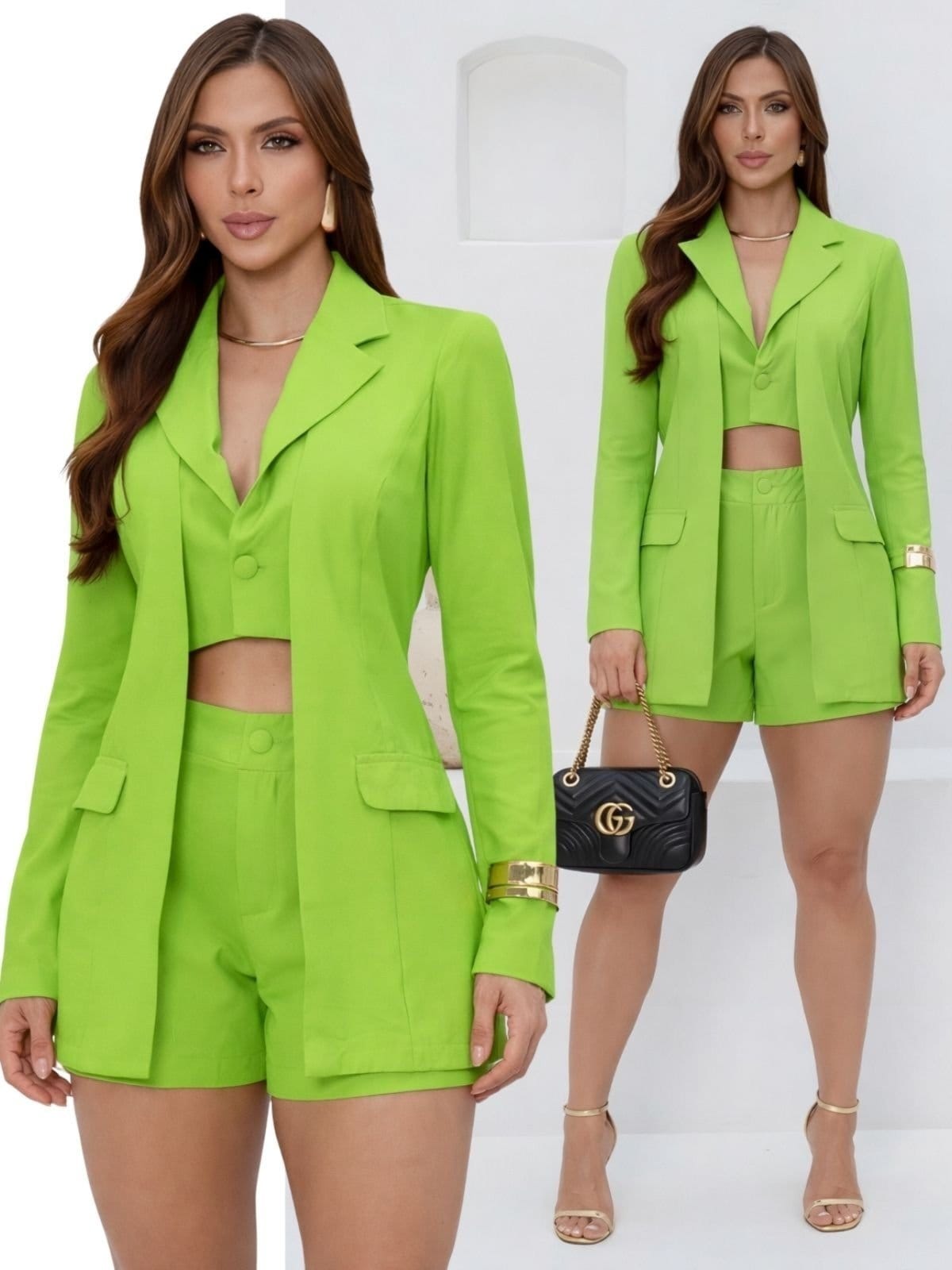 Vista principal Conjunto Feminino Tropical Fashion Blazer Colete Duplo Shorts Curto Elegante WG TROPICAL FASHION verde