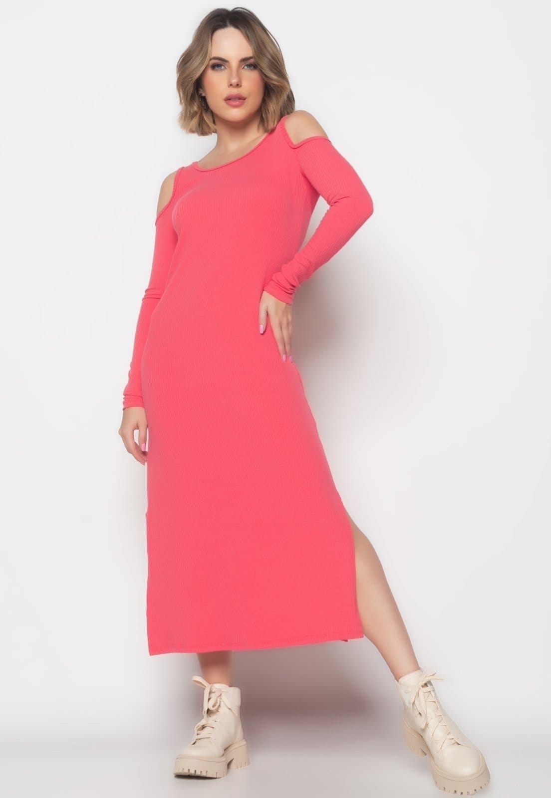 Vista 2 Vestido Midi Ombro Vazado Manga Longa Canelado Salvatore Fashion Melancia Salvatore Fashion rosa