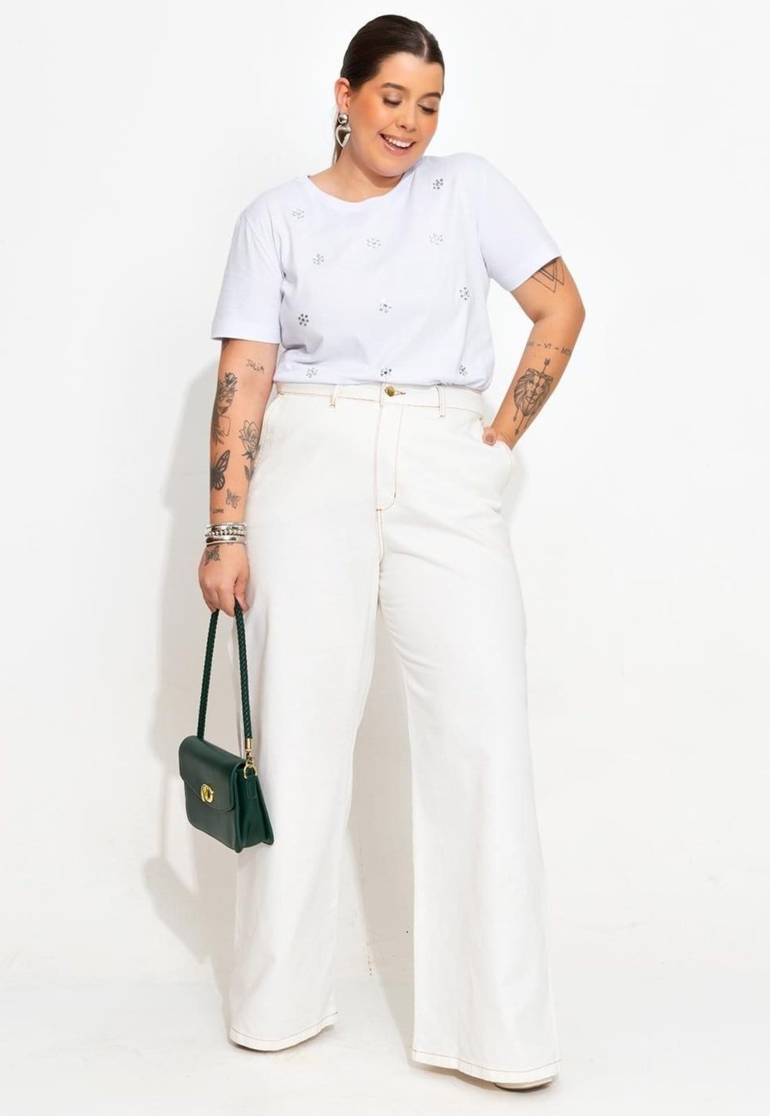 Vista 2 Calça Pantalona Em Jeans Quintess bege