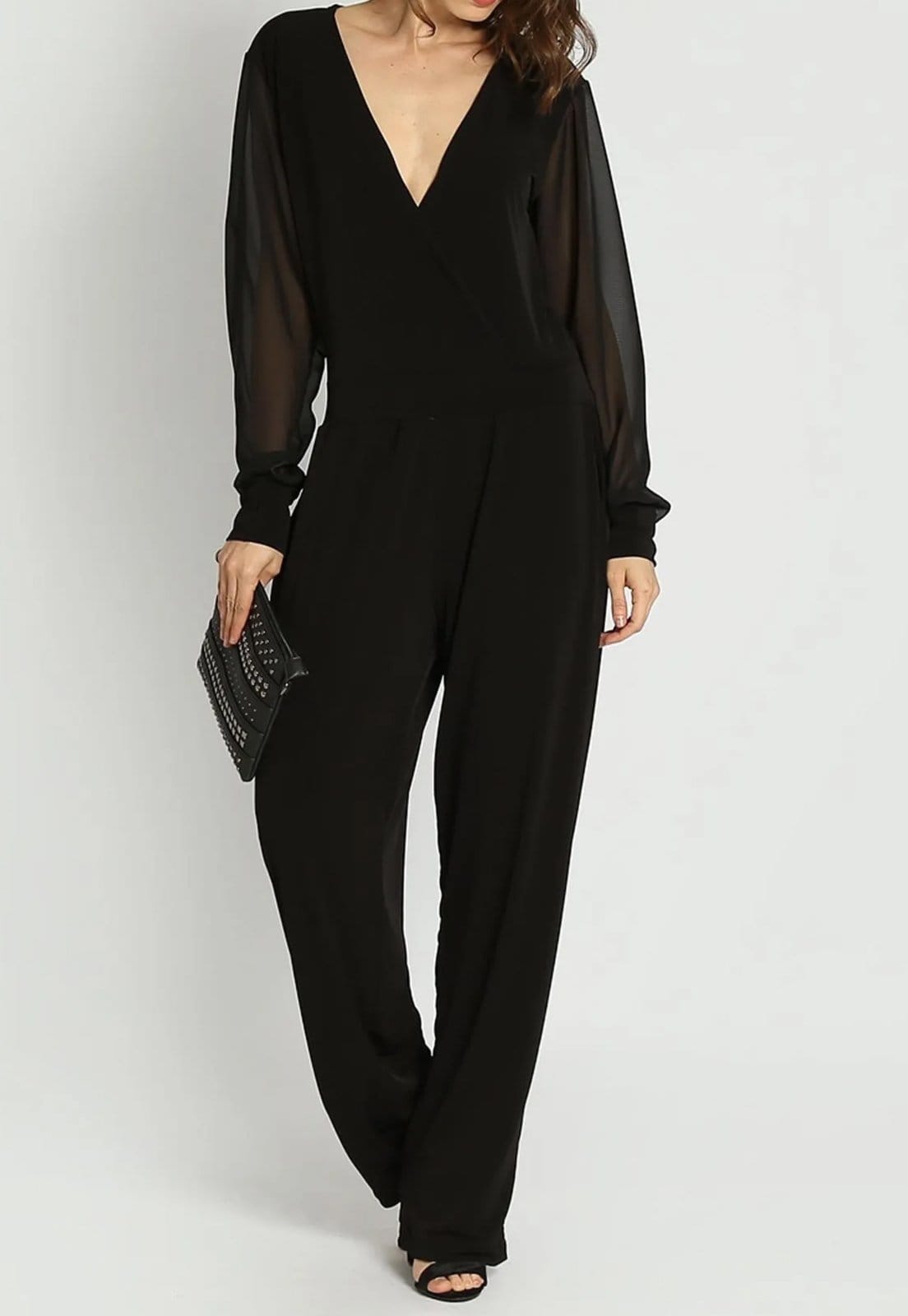 Macacão Viscolycra Transpassado Manga Longa de Tule