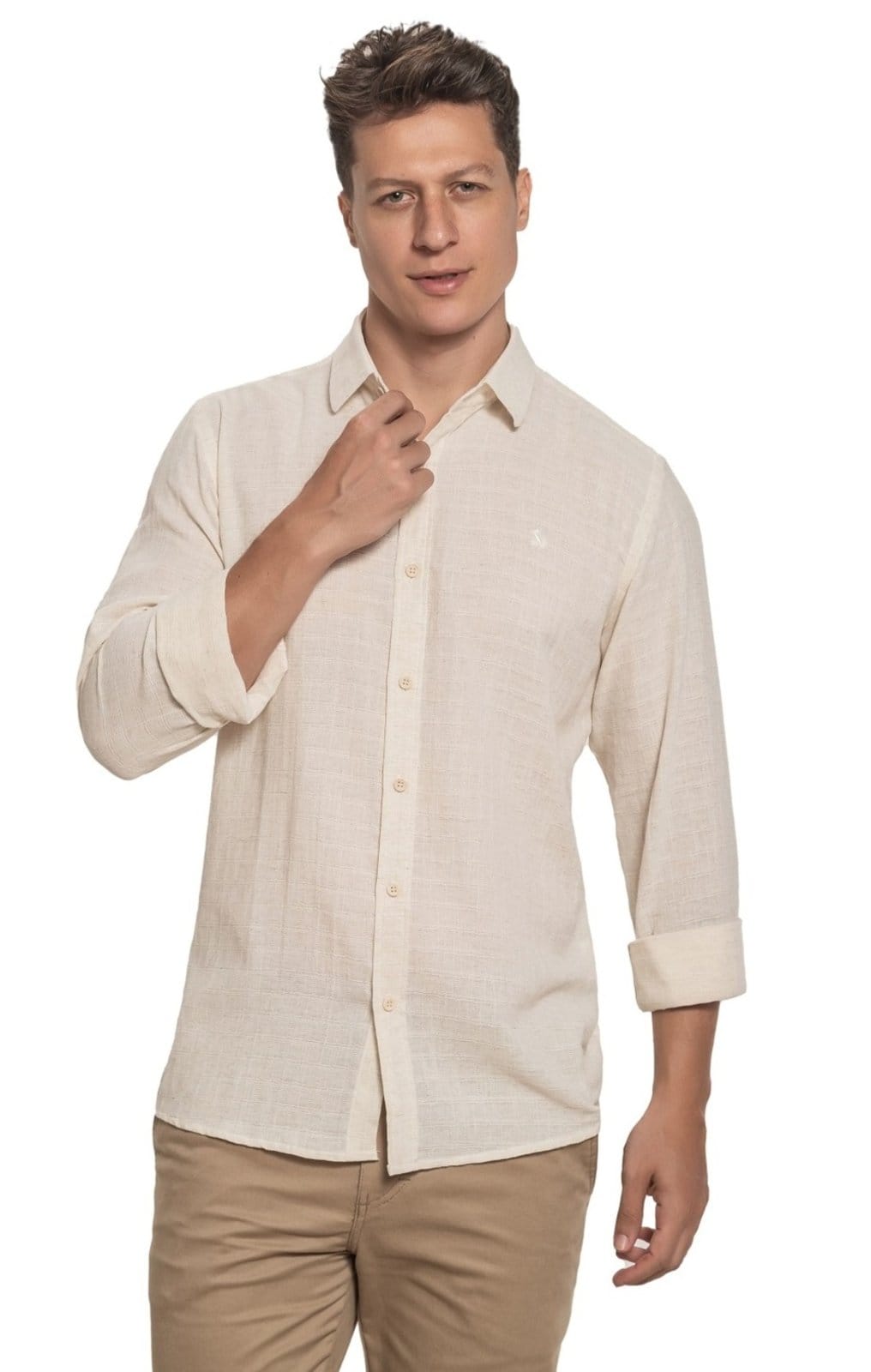Camisa Amil Casual Desert Comfort Algodão Com Linho Manga Longa Luxo Off white