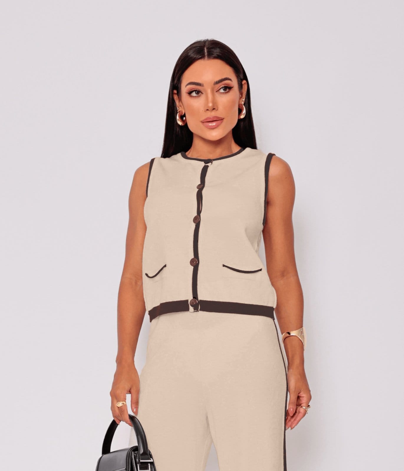 Conjunto Cherry Line Duas Peças Colete Botão Calça Tricô E