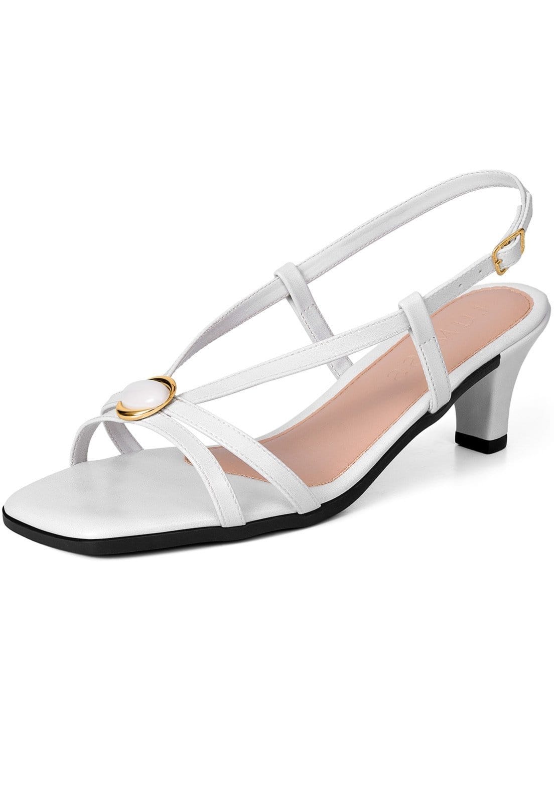 Sandália Feminina Lumiss Salto Baixo Fino Confortável Bico Quadrado Enfeite Pedra Fivela Off White