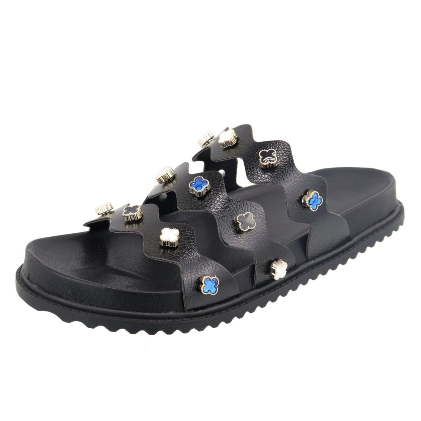 Papete Rasteira Feminina Paula B Com Aplicações de Trevos Em Tiras Onduladas Palmilha Confort