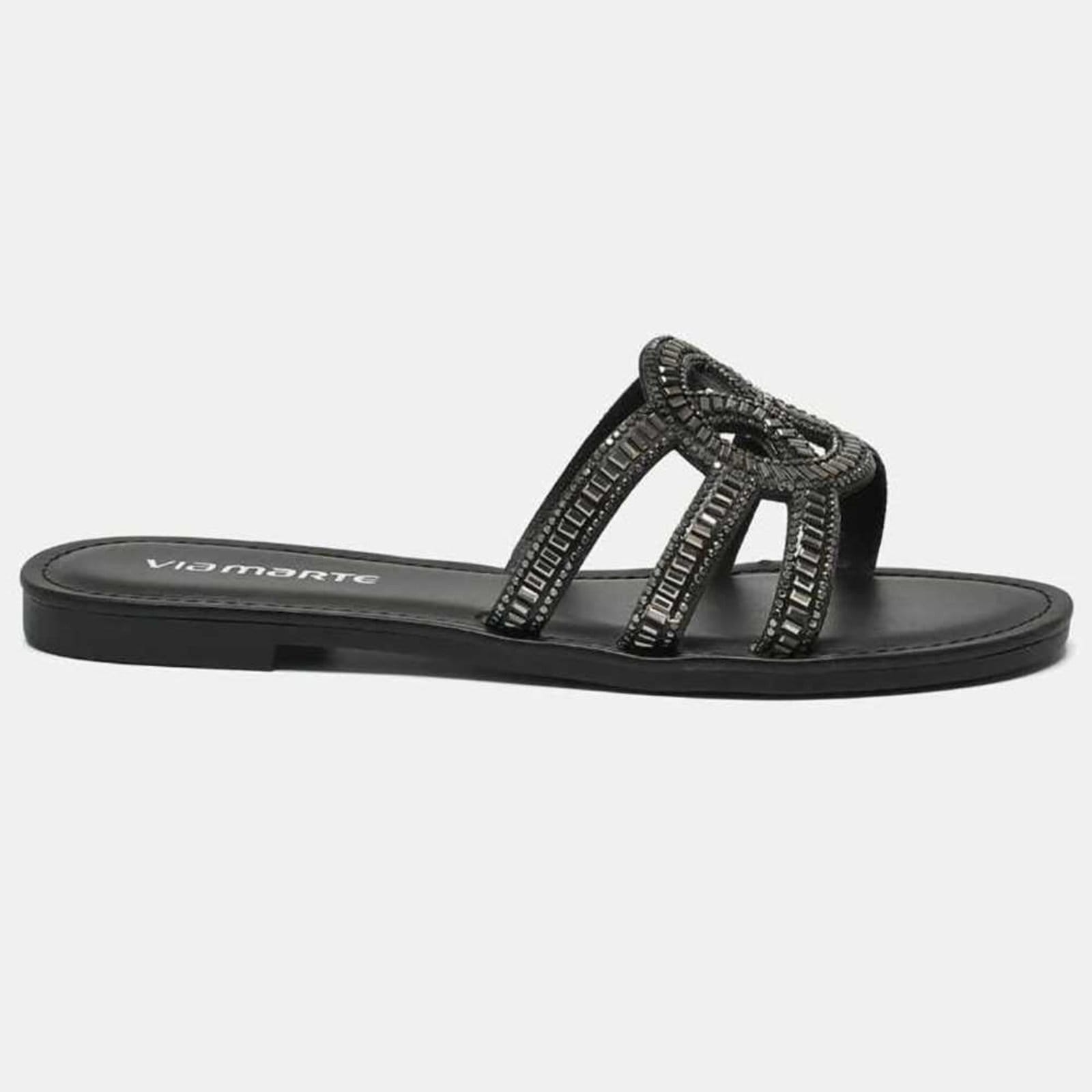 Vista 2 Sandália Feminina Via Marte Rasteira Tiras Com Pedrarias VIA MARTE preto
