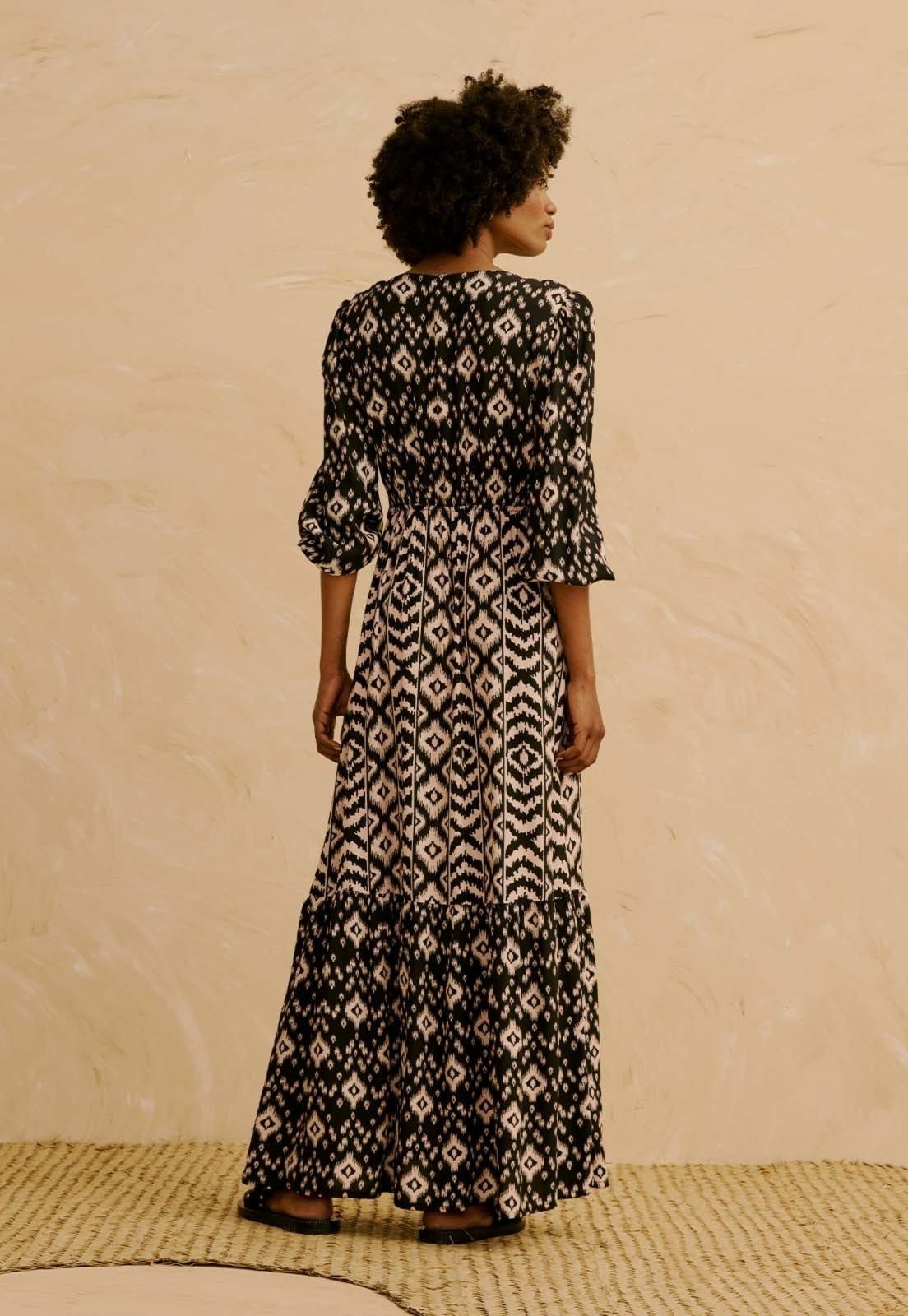 Vista 2 Vestido Midi Mix de Estampas com Mangas Estampado Uros CaCay preto