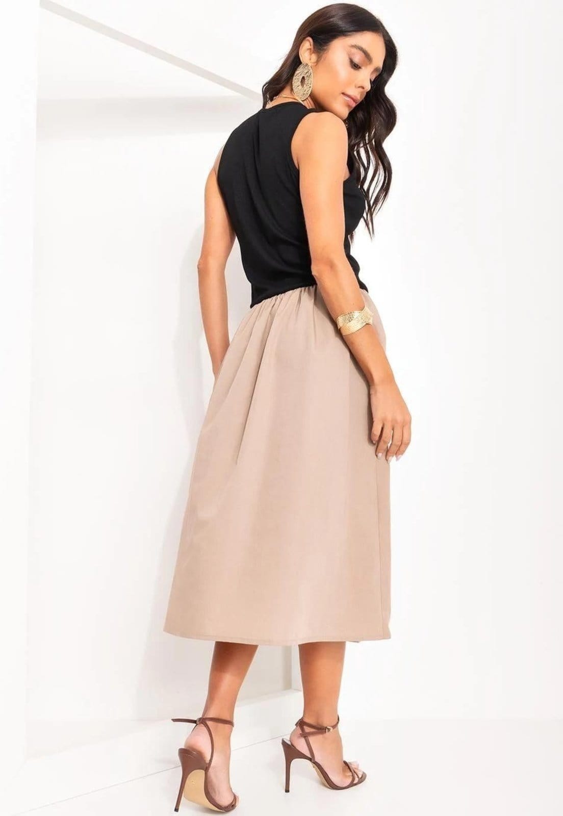 Vista 2 Vestido Em Tricoline Caqui Quintess bege caqui