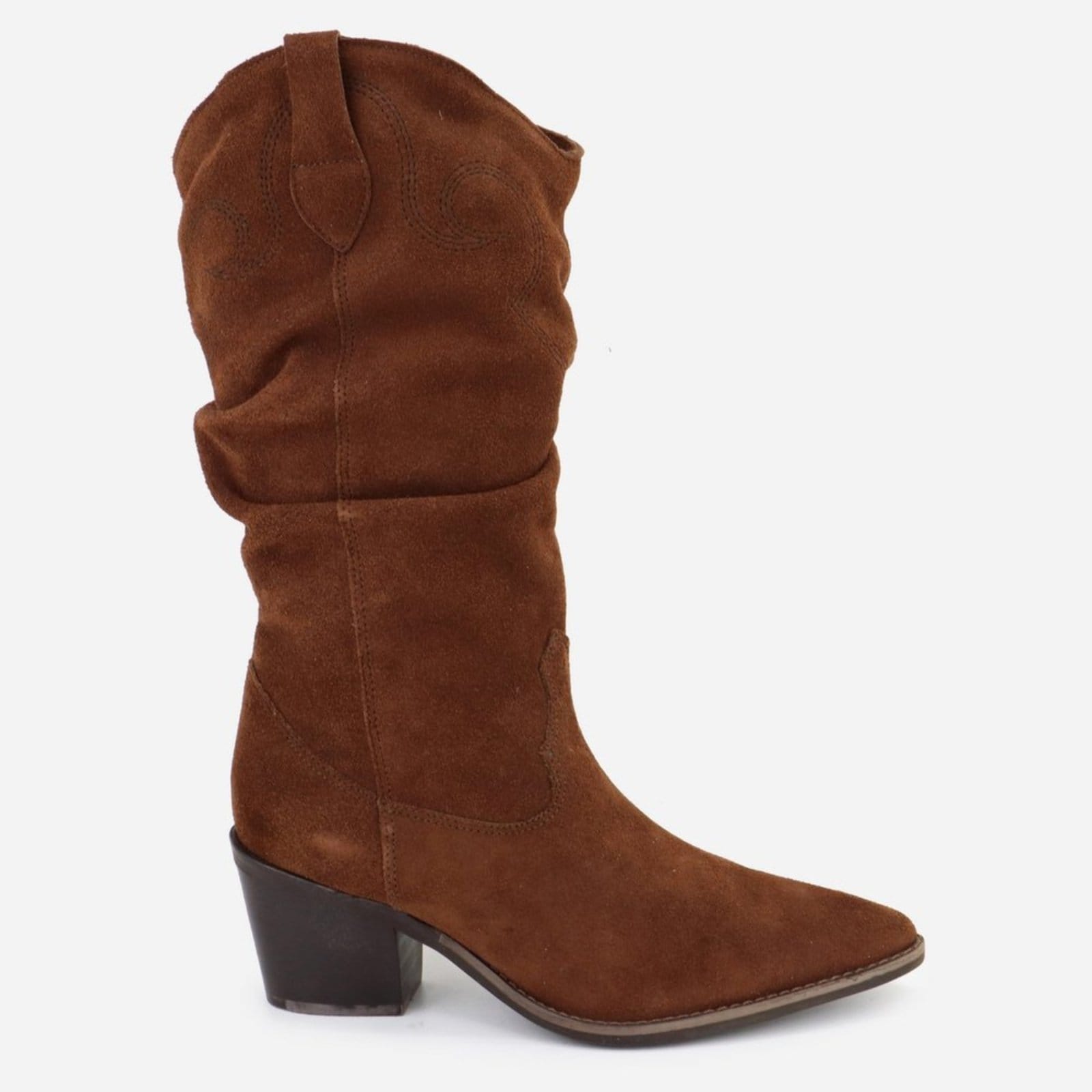 Vista 2 Bota Country Texana Western Bordada Em Couro Feminina Bico Fino Maria Paula Camurça Cedro MARIA PAULA marrom