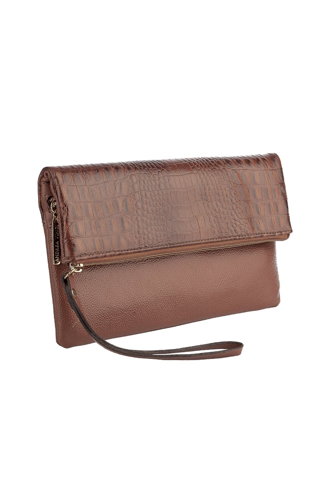 Vista 2 Clutch de couro croco Nikki - Whisky Andrea Vinci caramelo