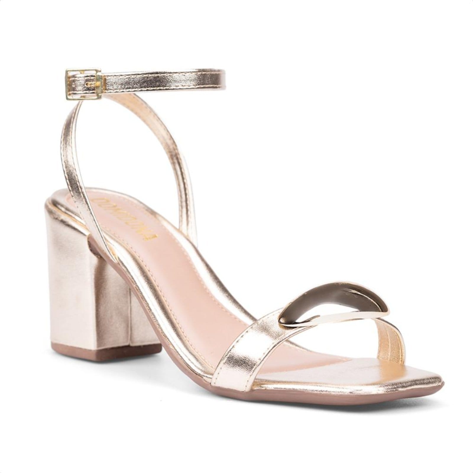 Sandália Feminina Dourada Salto Alto Tira Com Aplique Metalizado Lesma