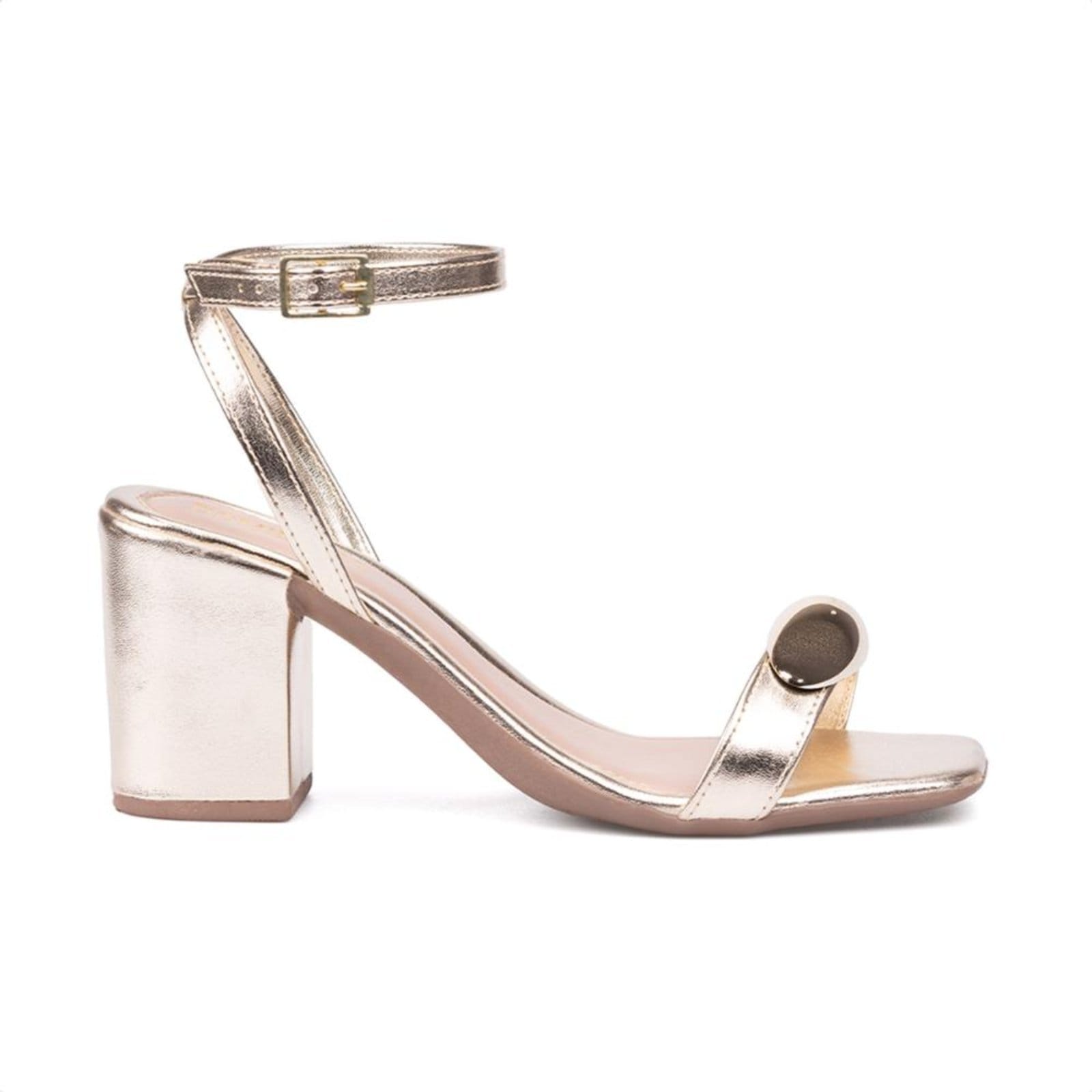 Vista 2 Sandália Feminina Dourada Salto Alto Tira Com Aplique Metalizado Lesma Domidona dourado