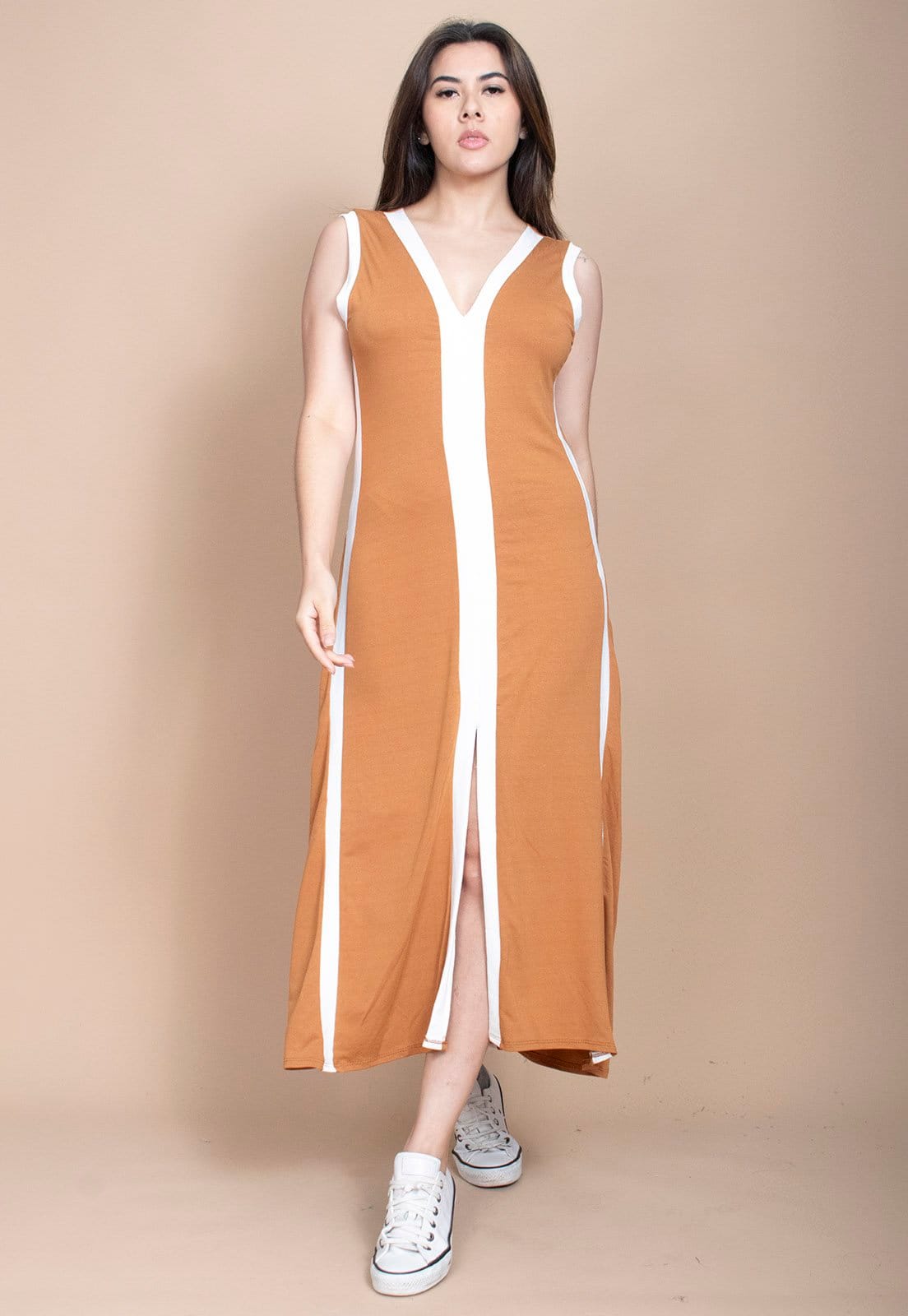Vista 2 Vestido Cabanafree Midi Fenda Frontal Color Block Laranja Cabanafree off-white