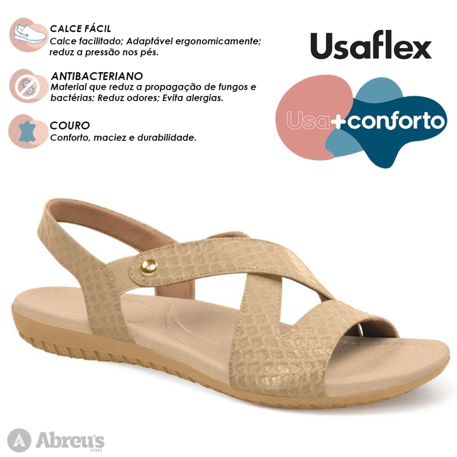 Vista 2 Sandália Usaflex Rasteira Couro Elastico Conforto R1804 Creme -179 Usaflex bege