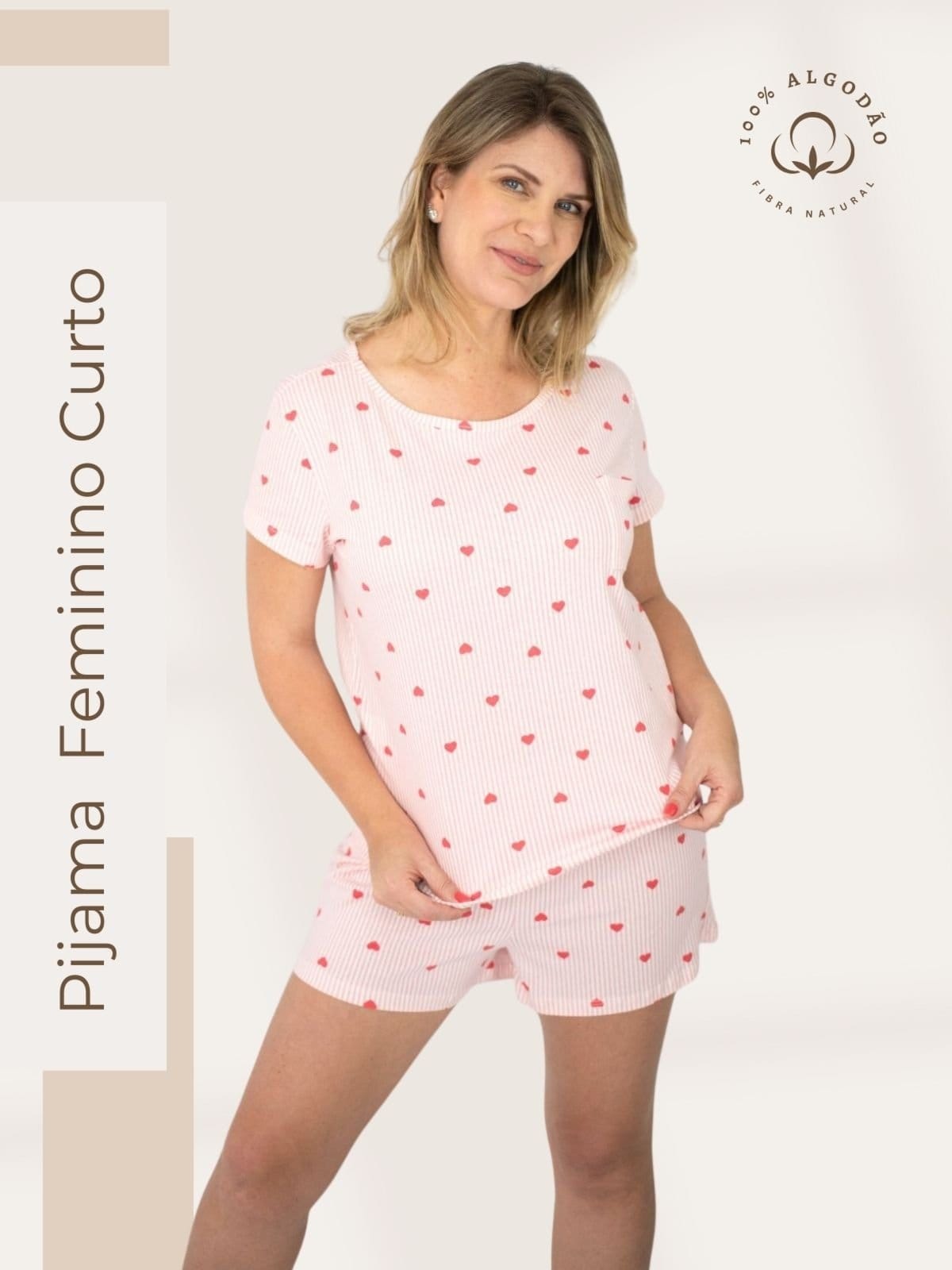 Pijama Feminino Manga Curta LISA - Listrado Corações Vermelho