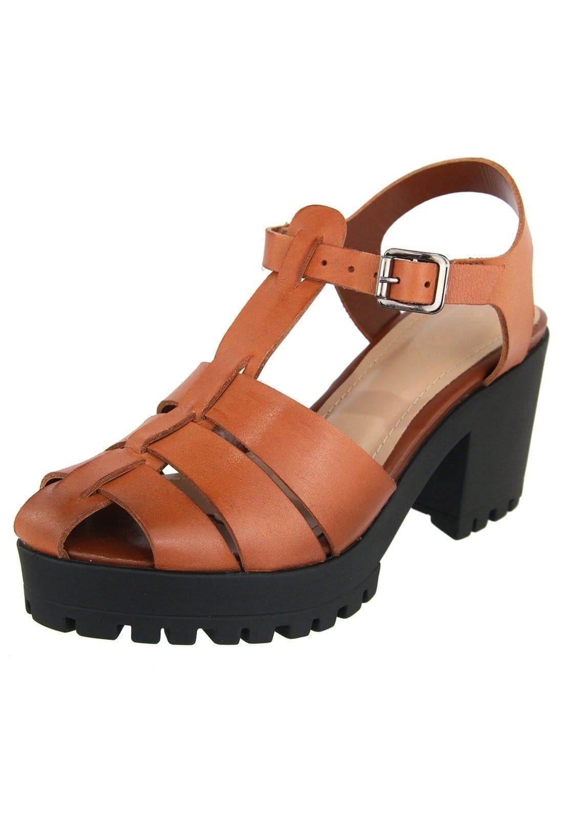 Sandália Tratorada em Couro Salto Bloco Tiras Maria Paula Rusty