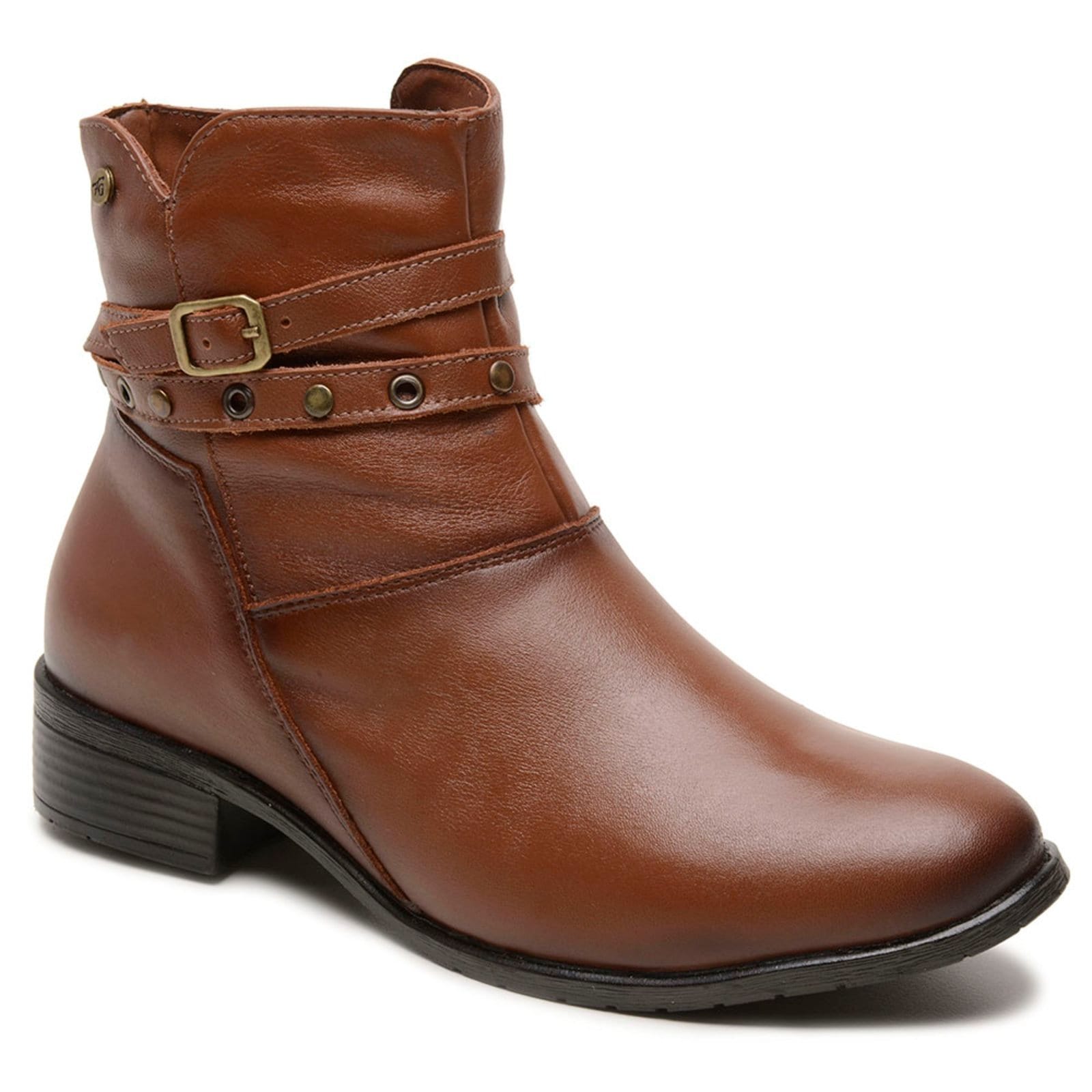 Bota Cano Médio Feminina 100% Couro Genuíno Sola Borracha Zíper Lateral Conhaque