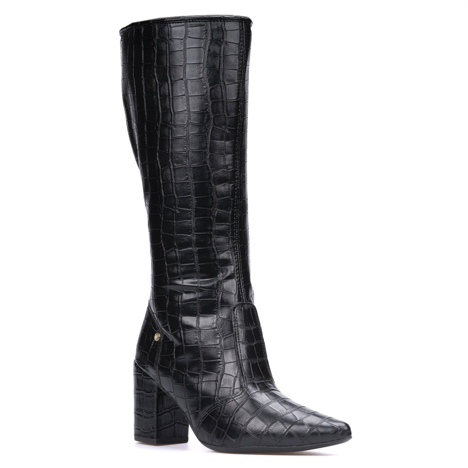 Bota Feminina Domidona Cano Alto Longo Animal Print Salto Alto Grosso