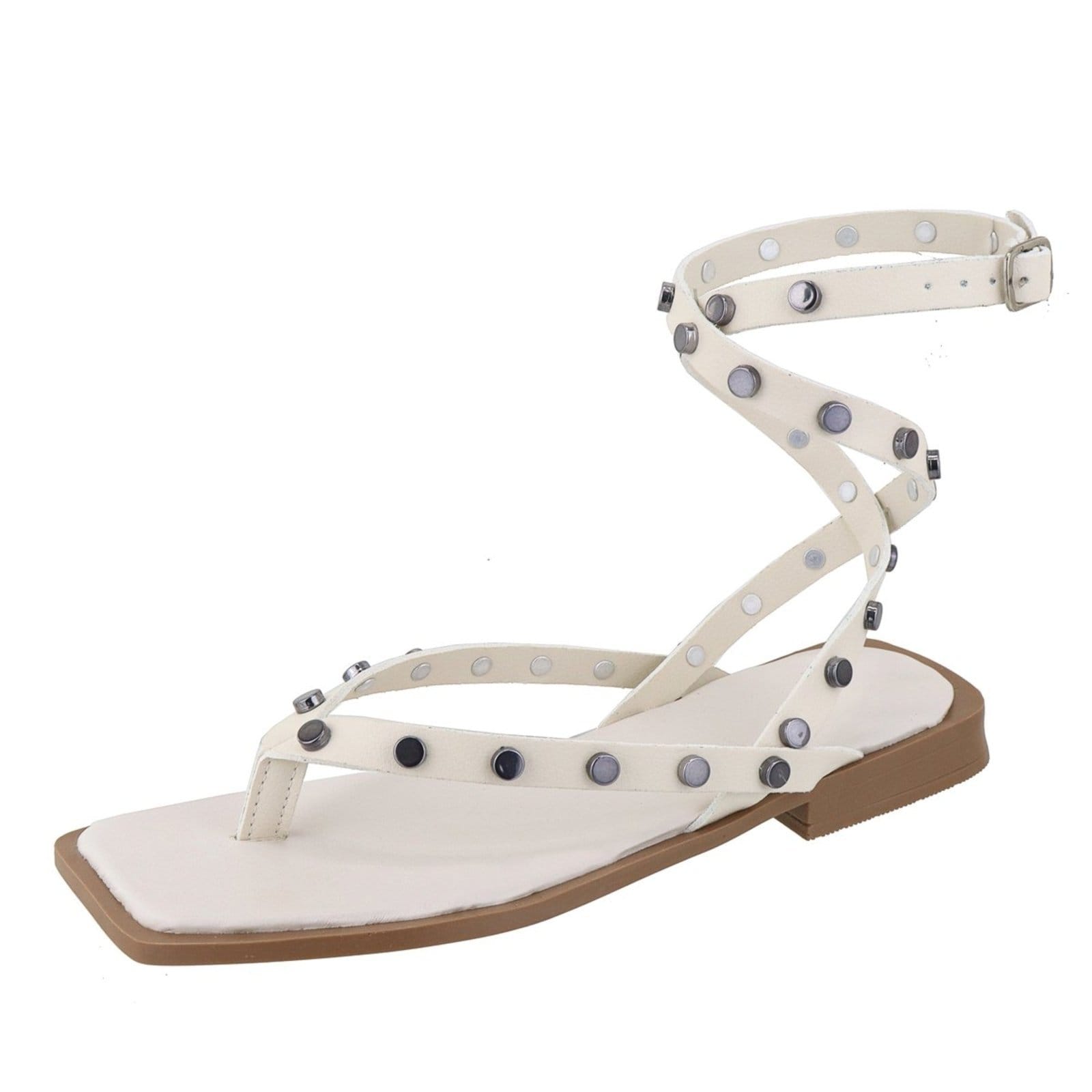 Rasteira Paula B Com Tiras De Dedo Com Aplicações De Pastilhas E Amarração No Tornozelo Off White