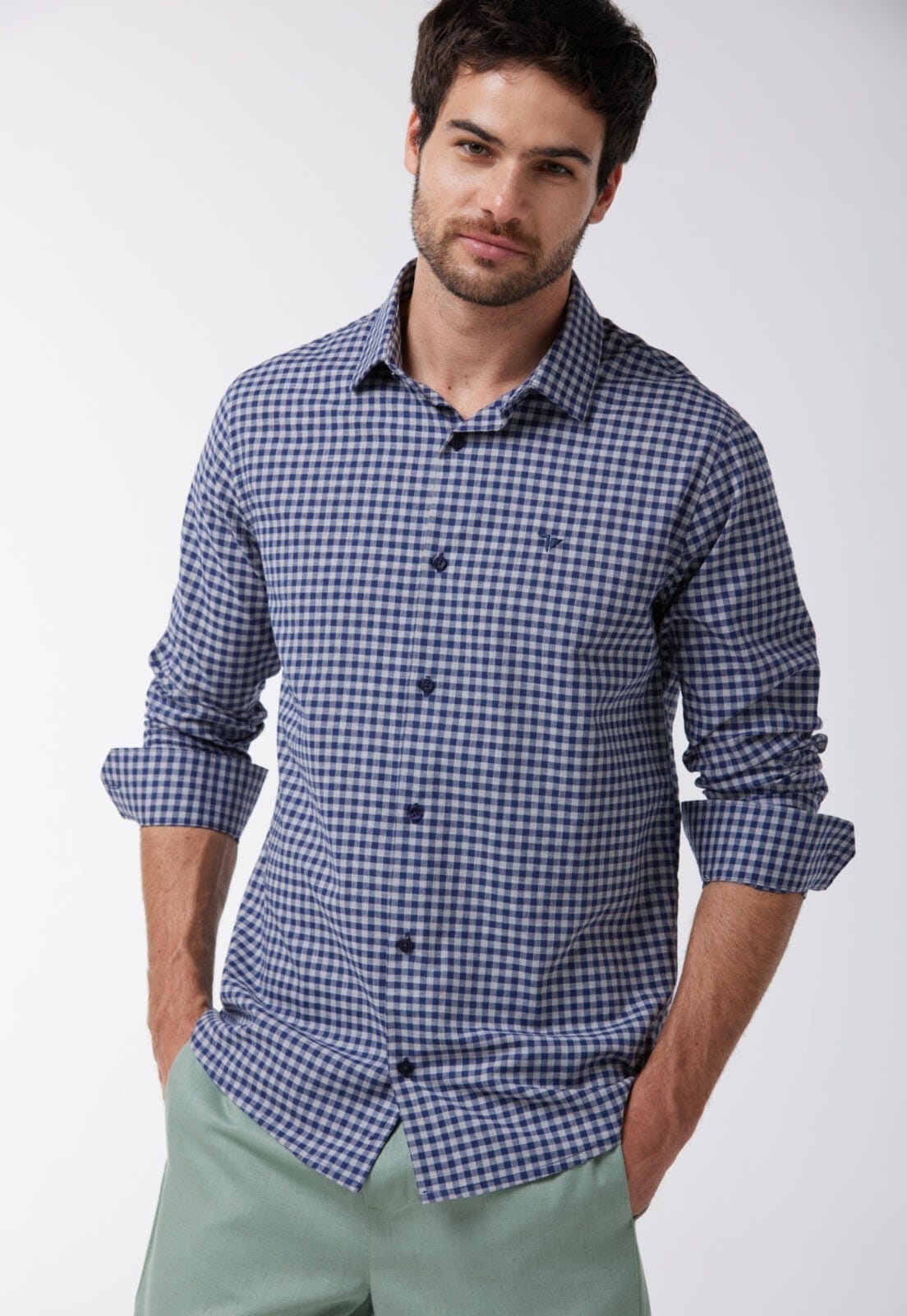 Camisa Traymon Slim Manga Longa Marinho/Mescla