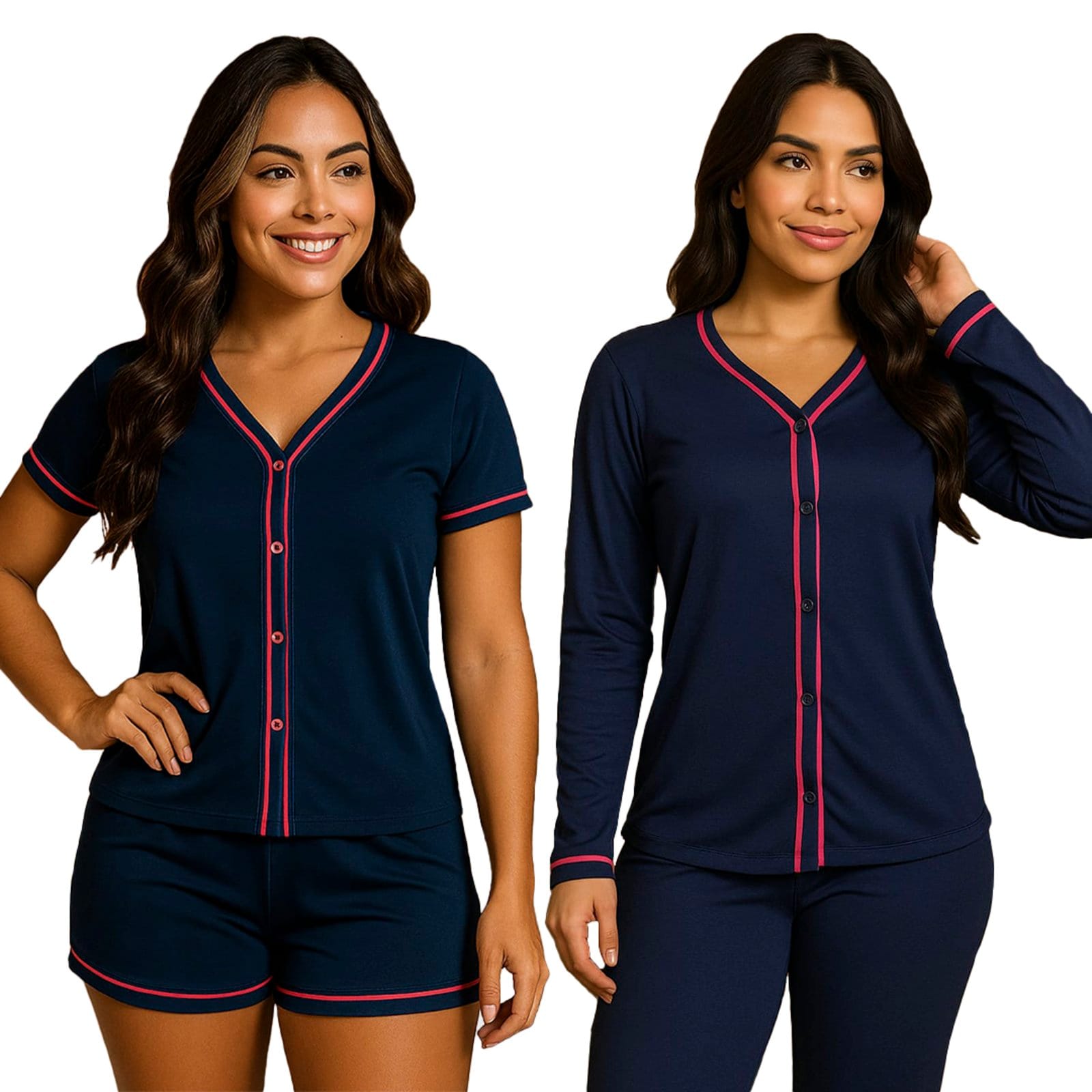 Kit 2 Pijamas Gabi Lingerie Estilo Blogueira Manga Curta e Manga Comprida Modelagem Perfeita Elegante Moda Feminina Marinho