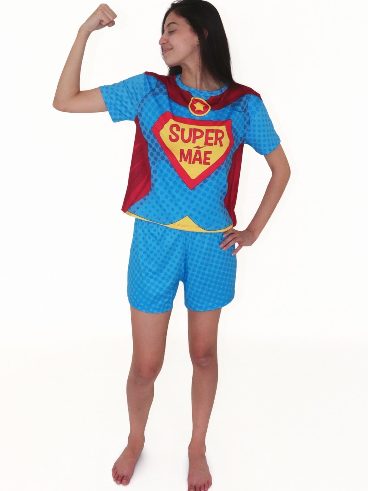 Vista 2 Pijama Feminino de Verão em Peach Touch - Super Mãe Magicamente Kids azul