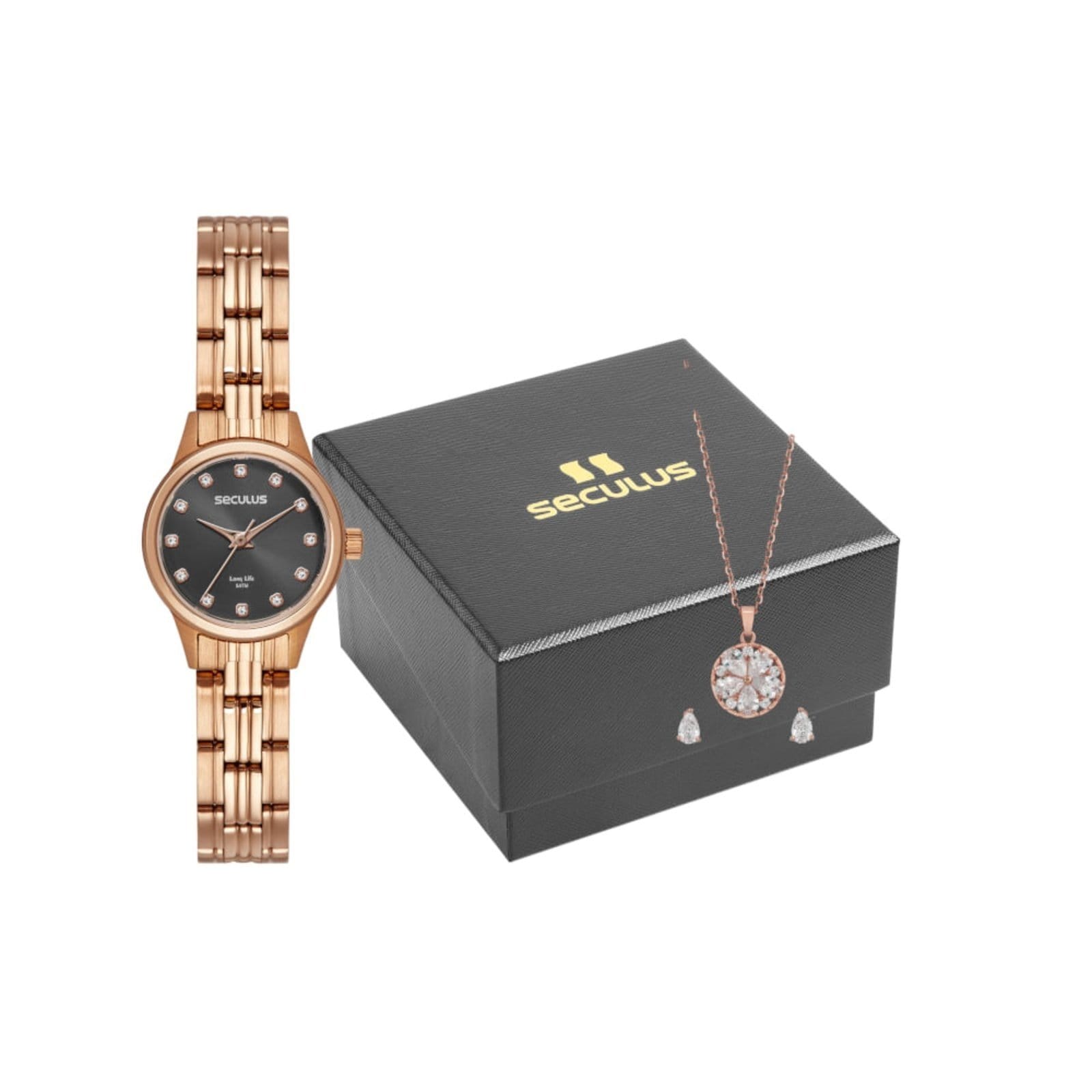 Kit Relógio Seculus Feminino Cristais Rosé com Colar e Brincos