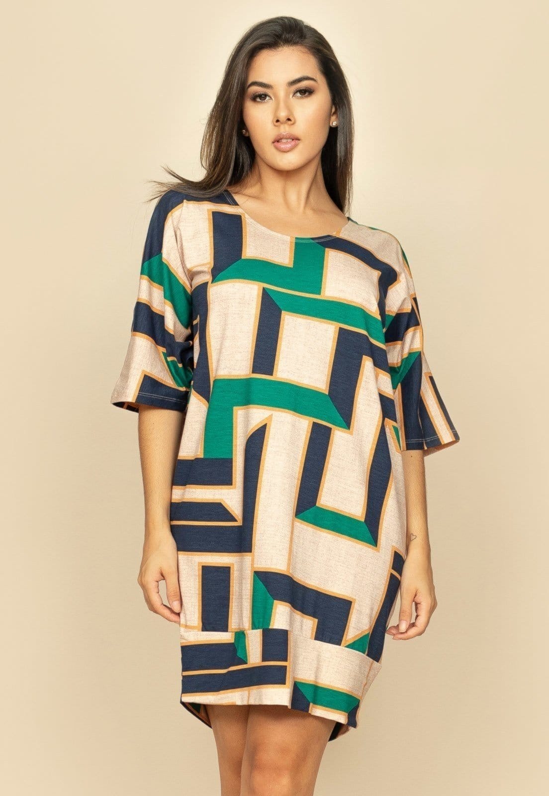 Vestido Curto Malha Morcego Estampa Chapada de Areia