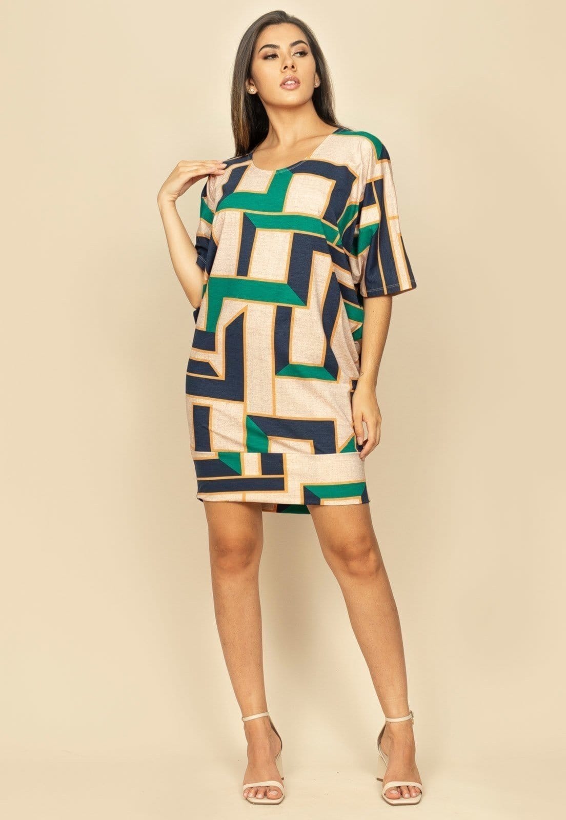 Vista 2 Vestido Curto Malha Morcego Estampa Chapada de Areia Cabanafree bege/estampado/multicolorido