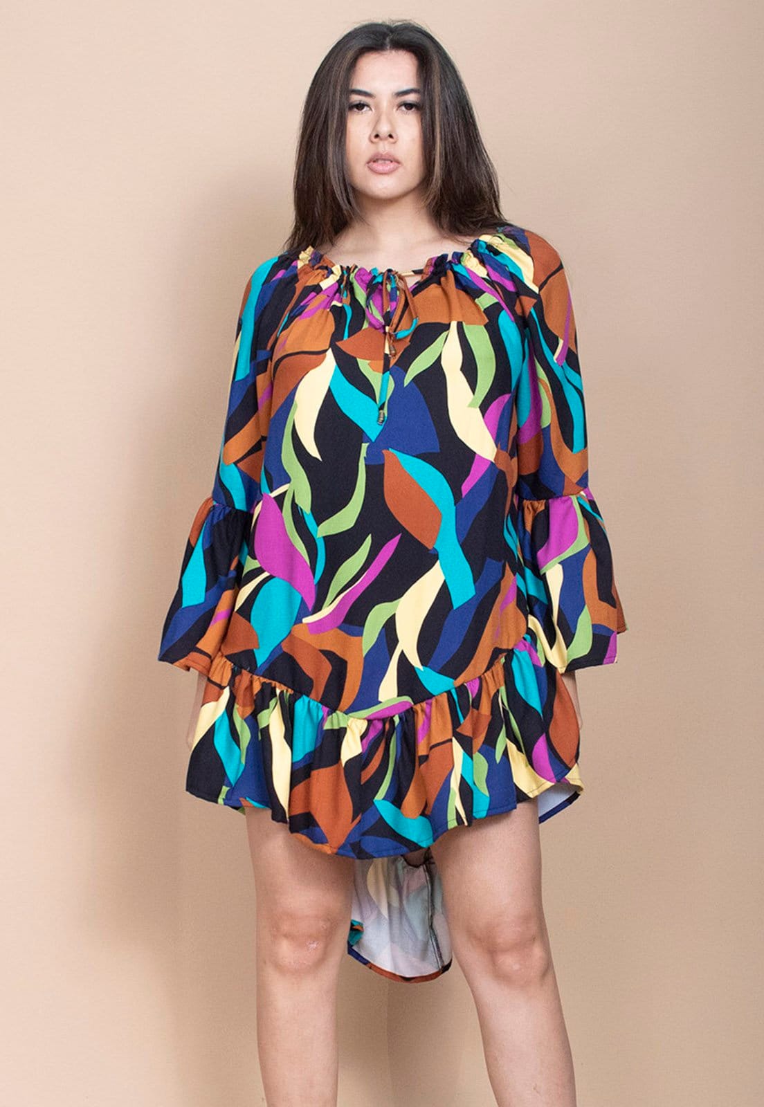 Vista 2 Vestido Curto Cabanafree Viscose Com Babados Estampa Aurora Urbana Cabanafree azul/estampado/laranja/preto