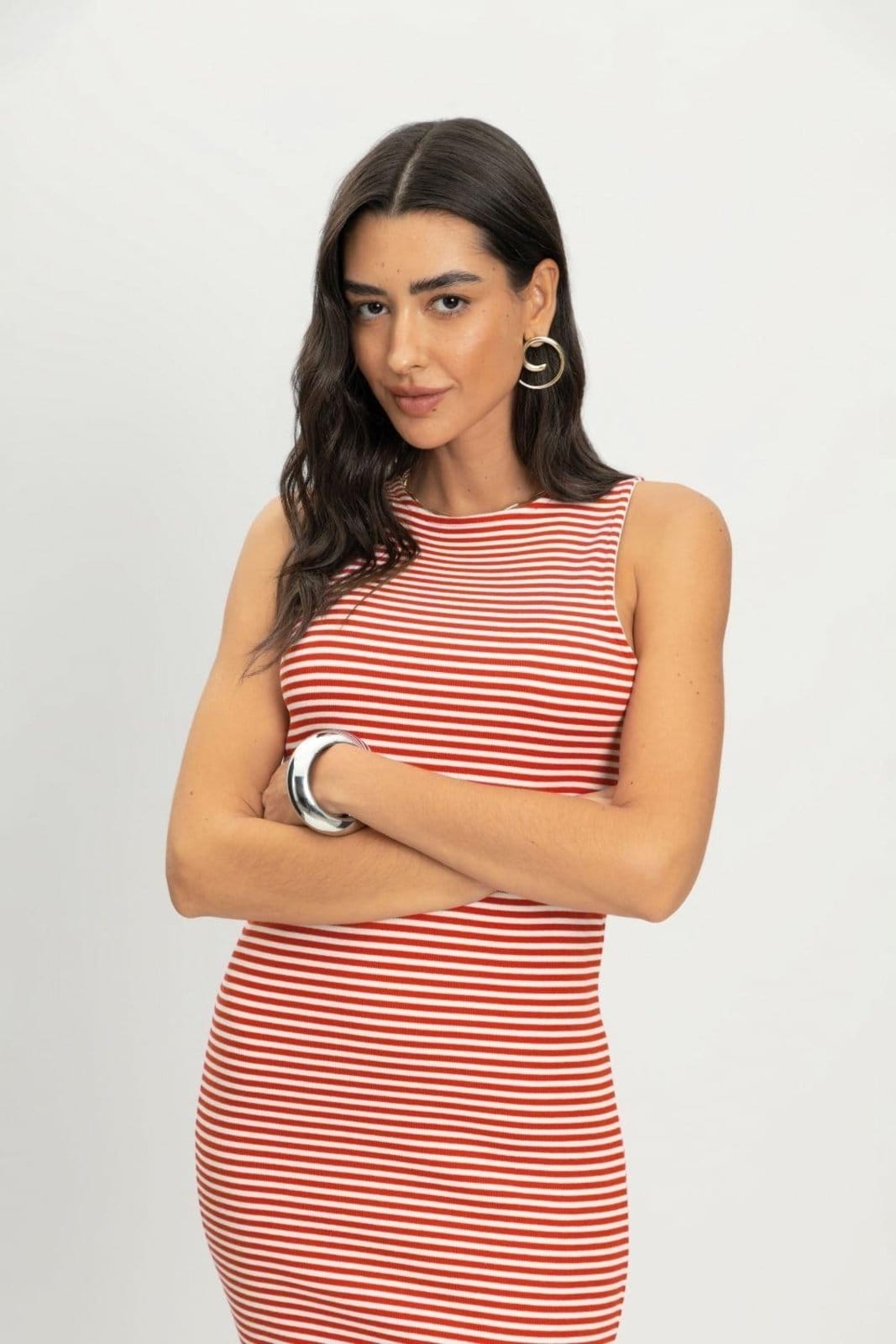 Vista 2 Vestido feminino midi fio tinto Essendi Essendi vermelho
