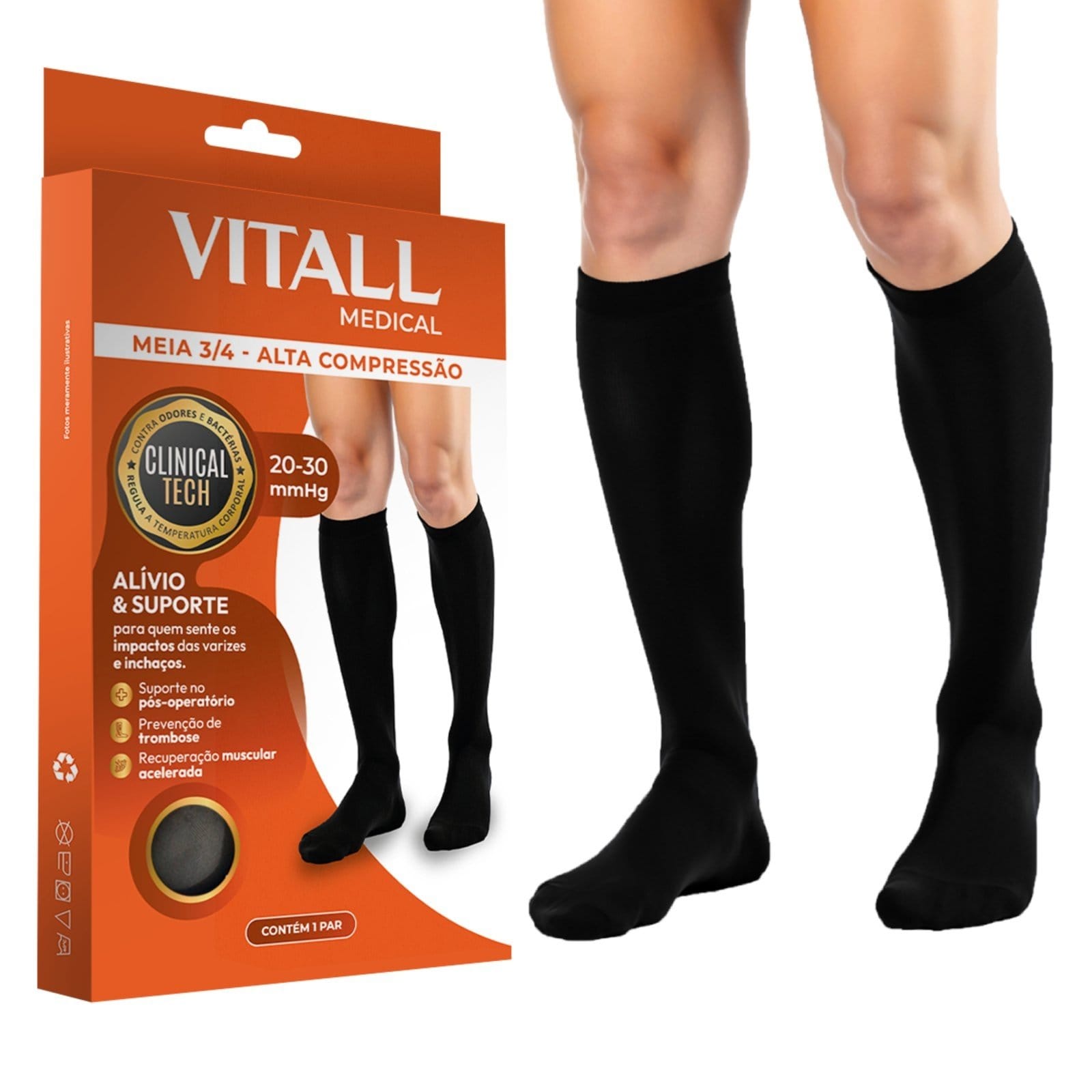 Meia 3/4 Vitall Medical Alta Compressão Com Ponteira 20-30 mmHg Masculino 1532