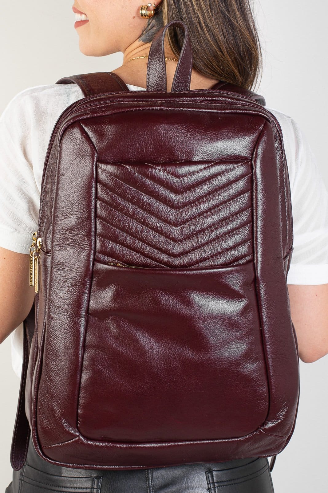 Mochila de couro grande liso slim Patricia - Marsala