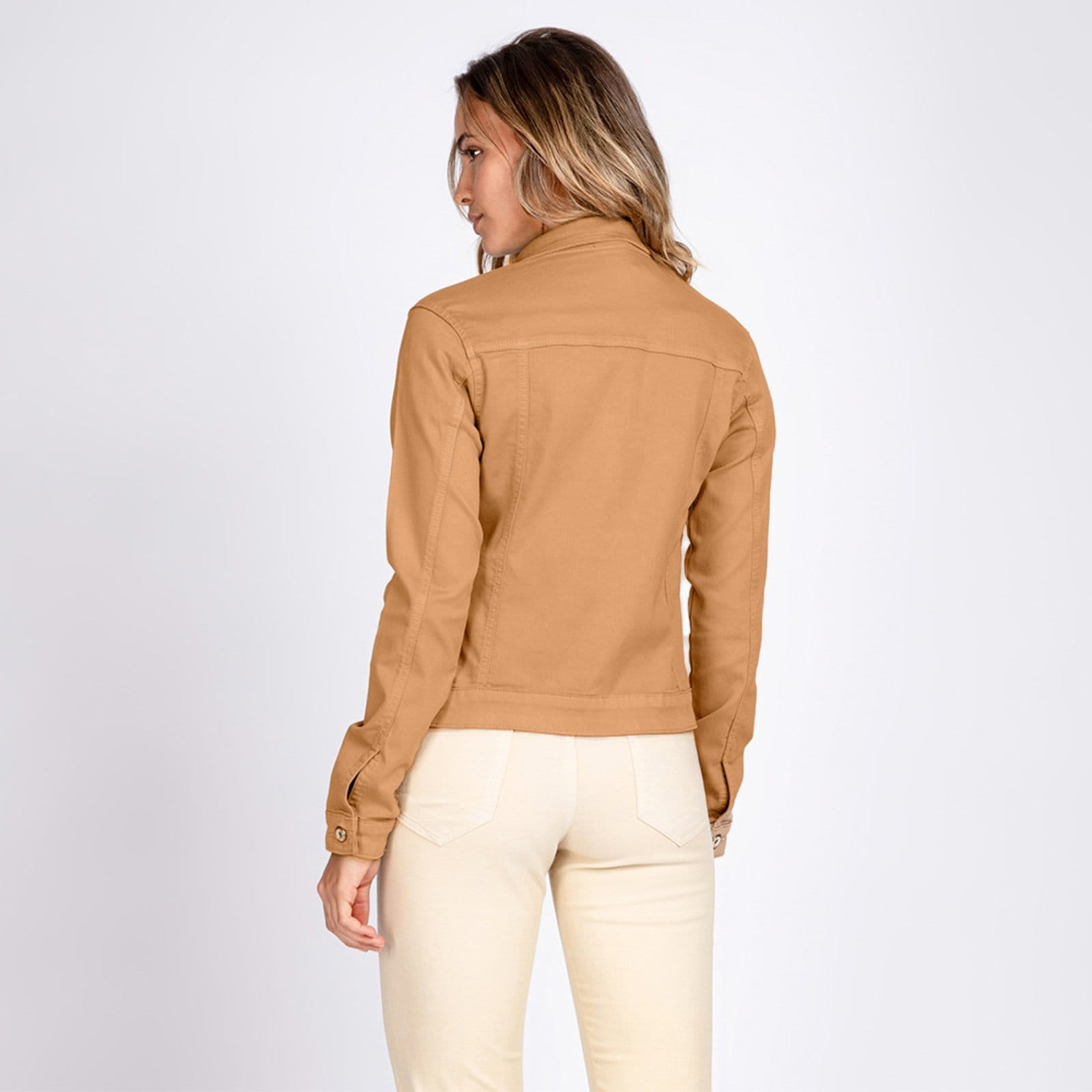 Vista 2 Jaqueta Jeans tipo Moletom Bloom Classica Caqui Chique Bloom bege caqui