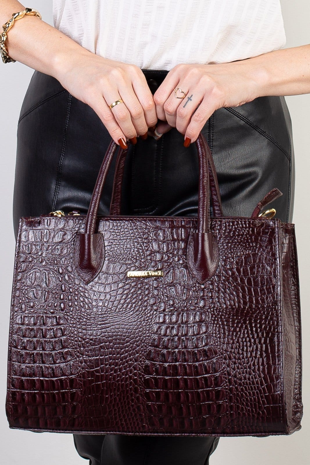 Bolsa Andrea Vinci De Couro Croco Estruturada Valéria - Marsala