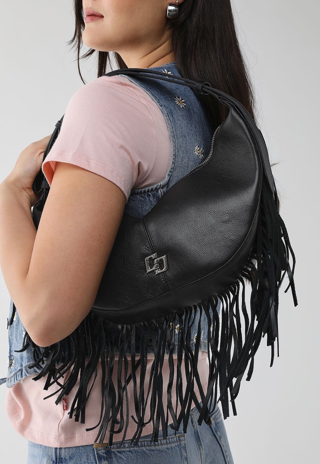 Bolsa Feminina Colcci Meia-Lua Franjas Preta