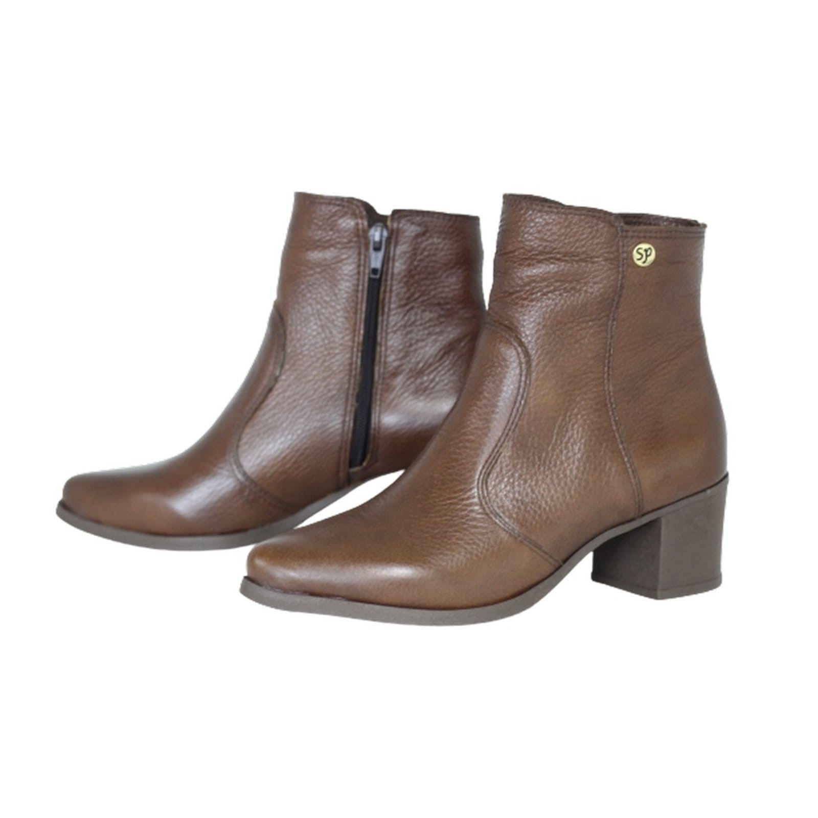 Vista 2 Bota Feminina Bico Fino Cano Curto Couro Salto em Bloco Baixo Camel Spinelli caramelo