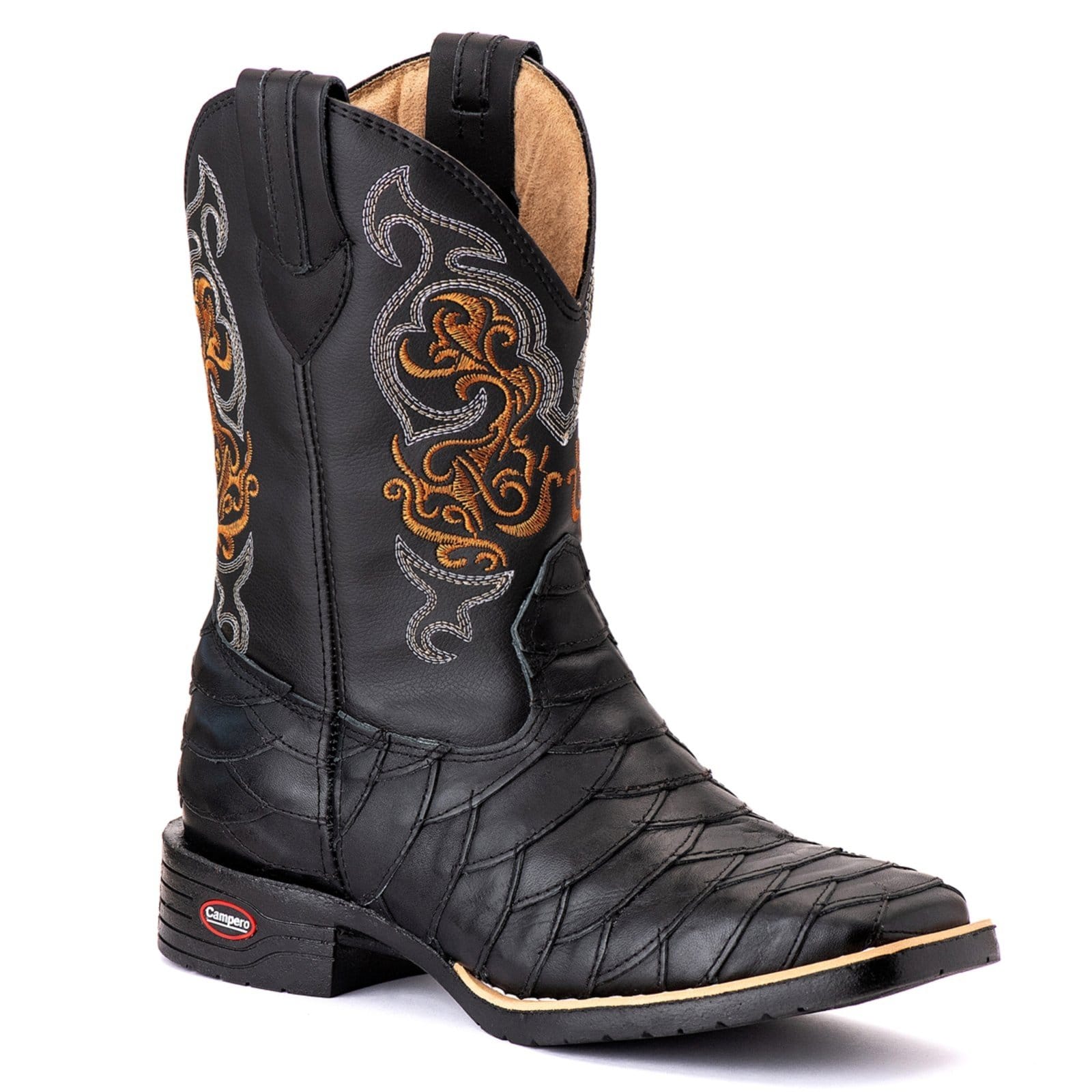 Vista 2 Bota Couro Texana Escamada Campero Bico Quadrado Bordada Campero preto