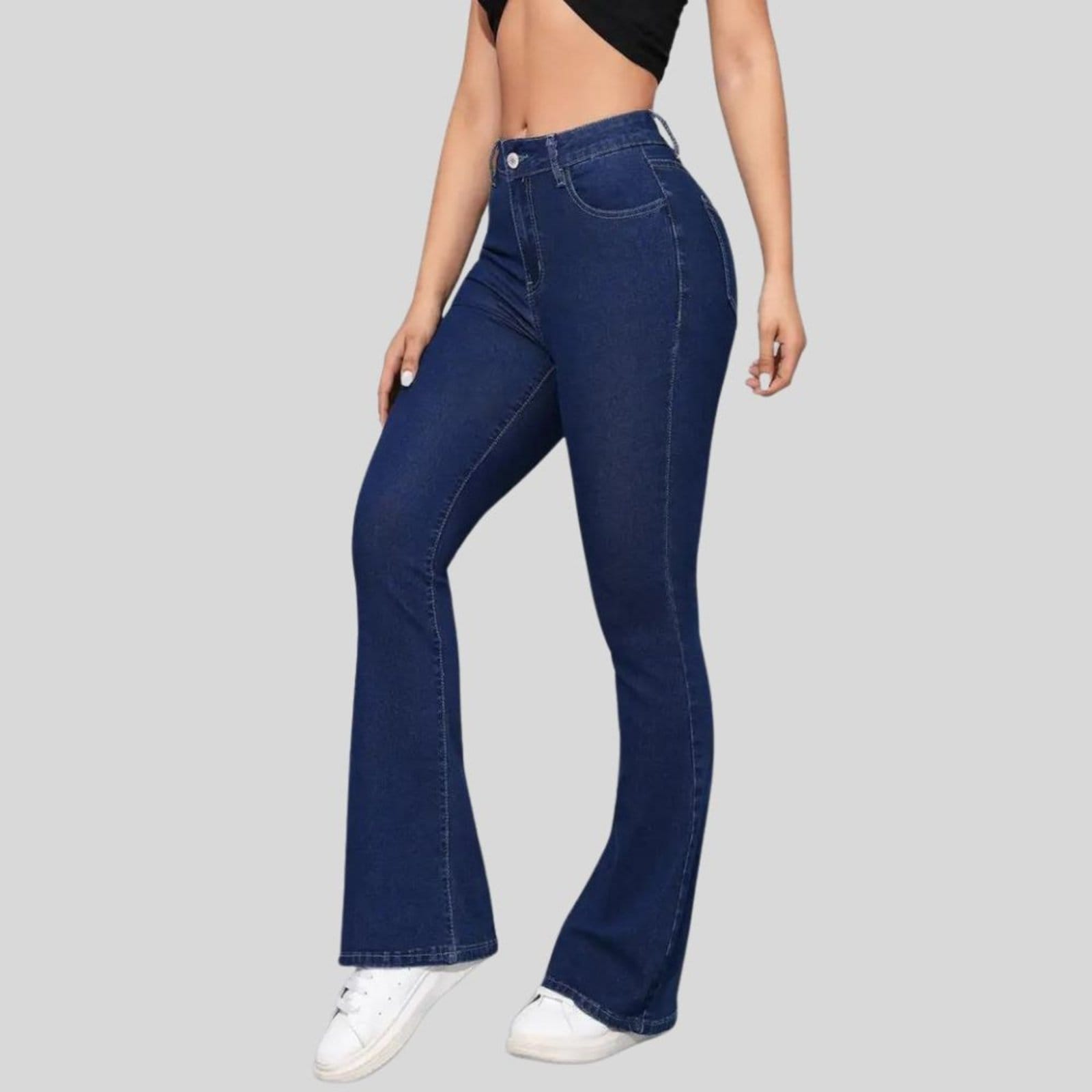 Calça Flare Jeans Feminina Tex Jeans Boca de Sino Cintura Alta Modeladora com Elastano Escuro