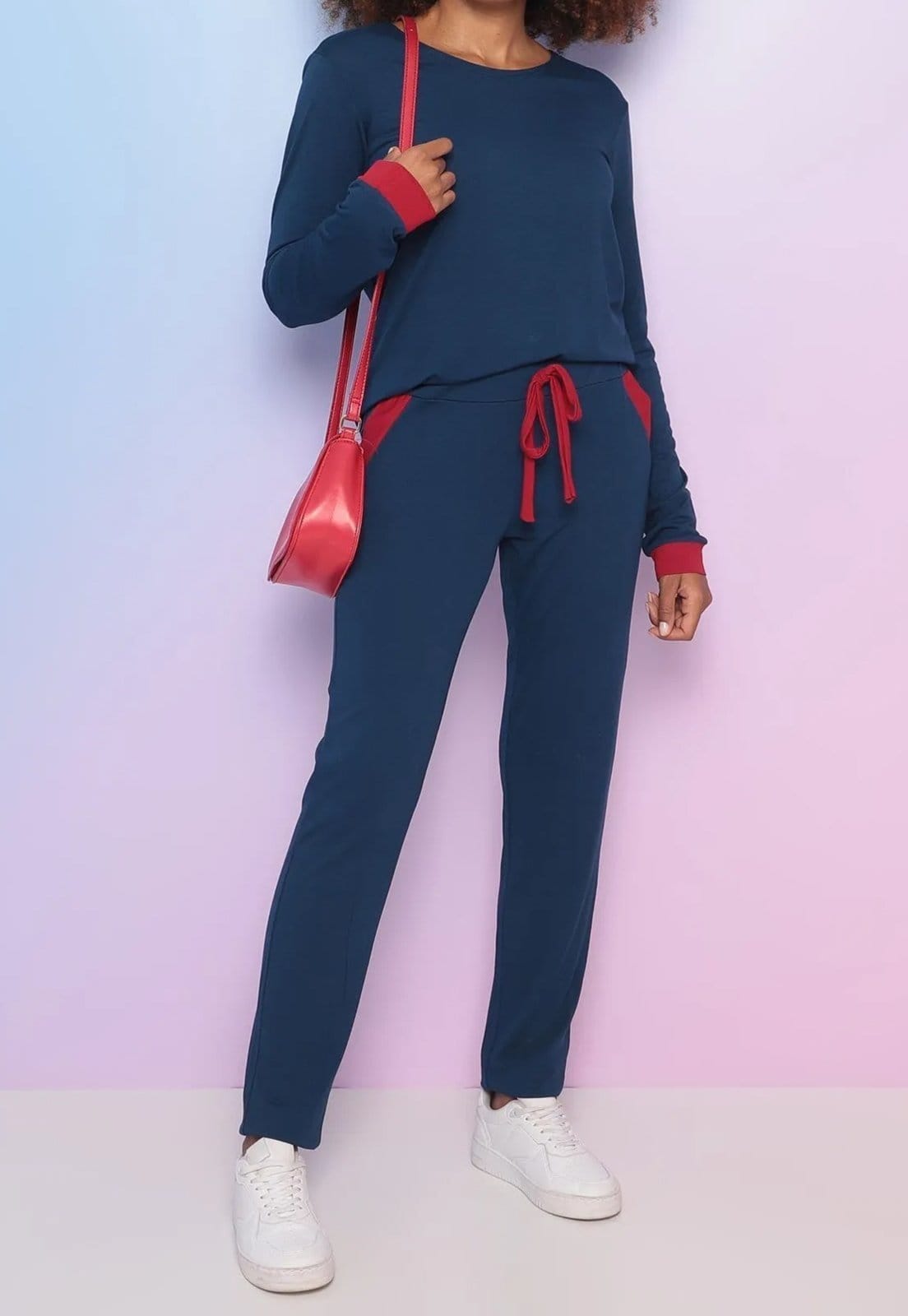 Conjunto ViscolycraMaria Paes Calça e Blusa Manga Longa Marinho e