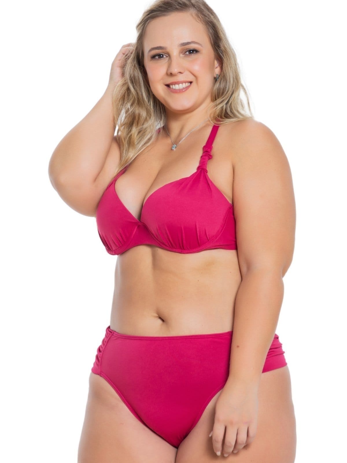 Vista 2 Biquini Plus Size Orla da Praia com Bojo Meia Taça e Calcinha Drapeada Escuro Orla da Praia rosa