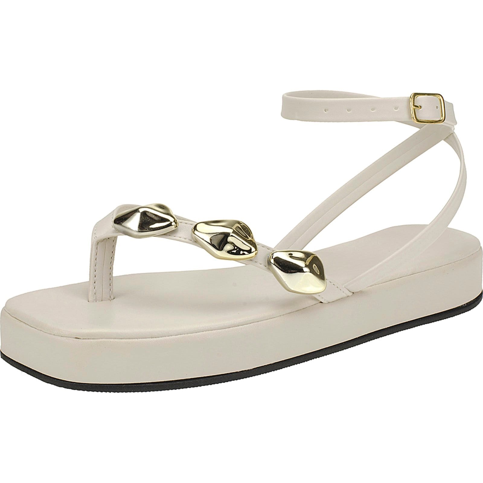 Sandália Rasteira Feminina com Pedrarias Douradas e Plataforma Off White