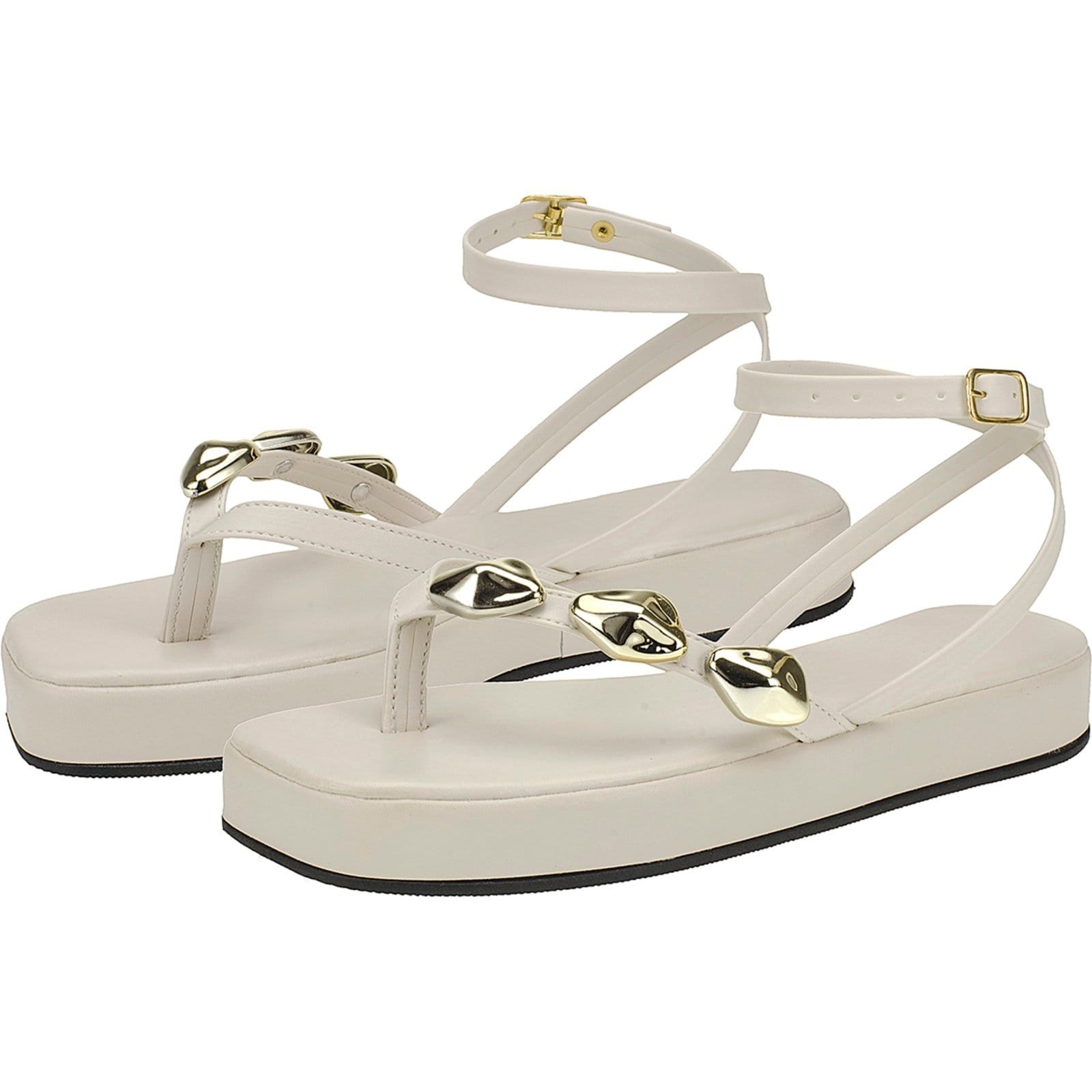 Vista 2 Sandália Rasteira Feminina com Pedrarias Douradas e Plataforma Off White CIA DOS PASSOS off-white white