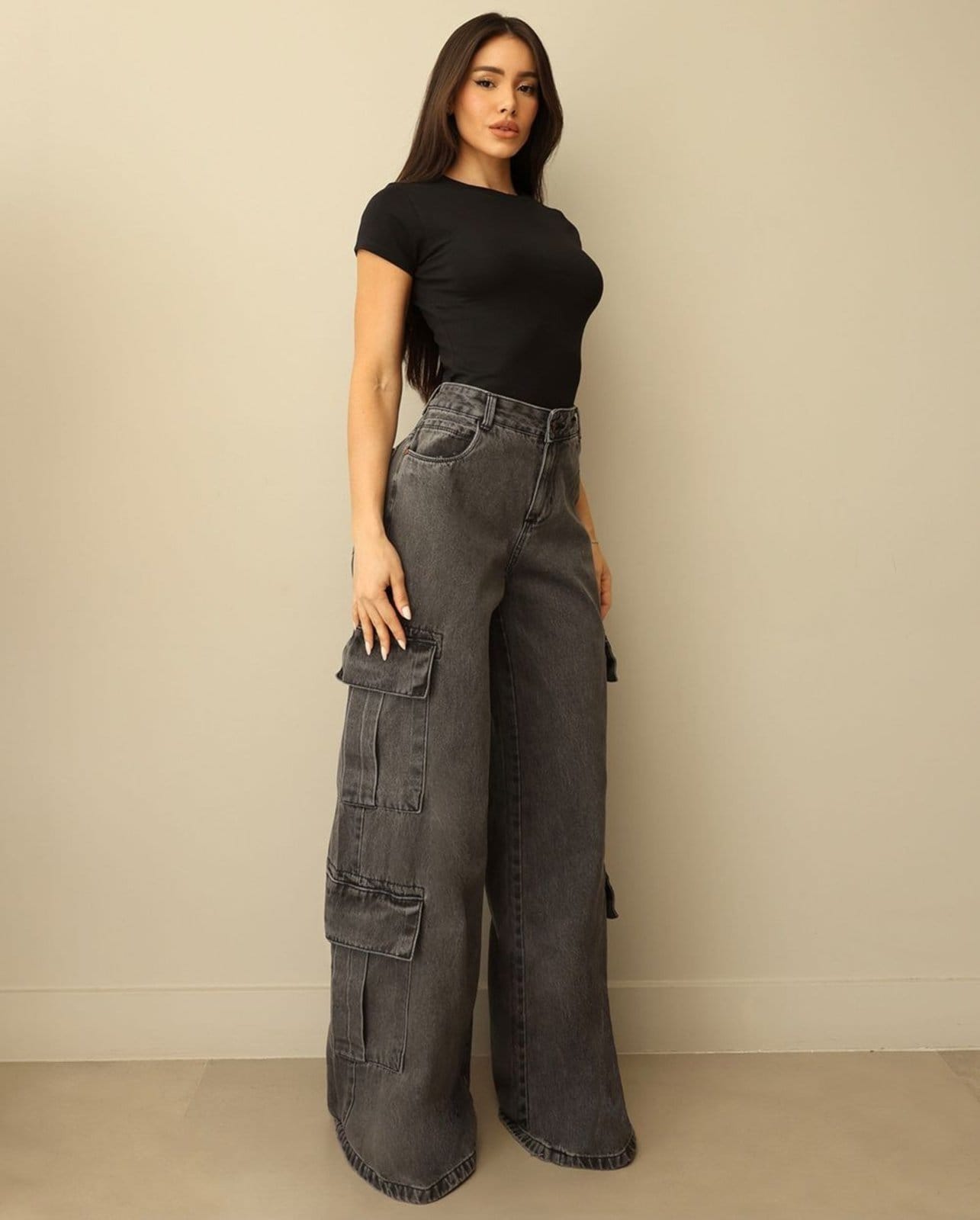 Calça Jeans Wide Leg Feminina Relaxed Cargo 24892 Vintage