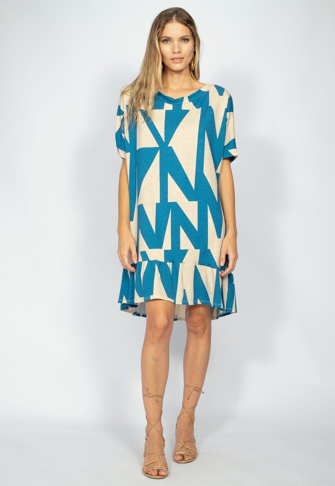 Vista 2 Vestido Curto Amazonia Vital Malha Mullet Amplo Geométrico e Amazonia Vital azul/estampado/blue