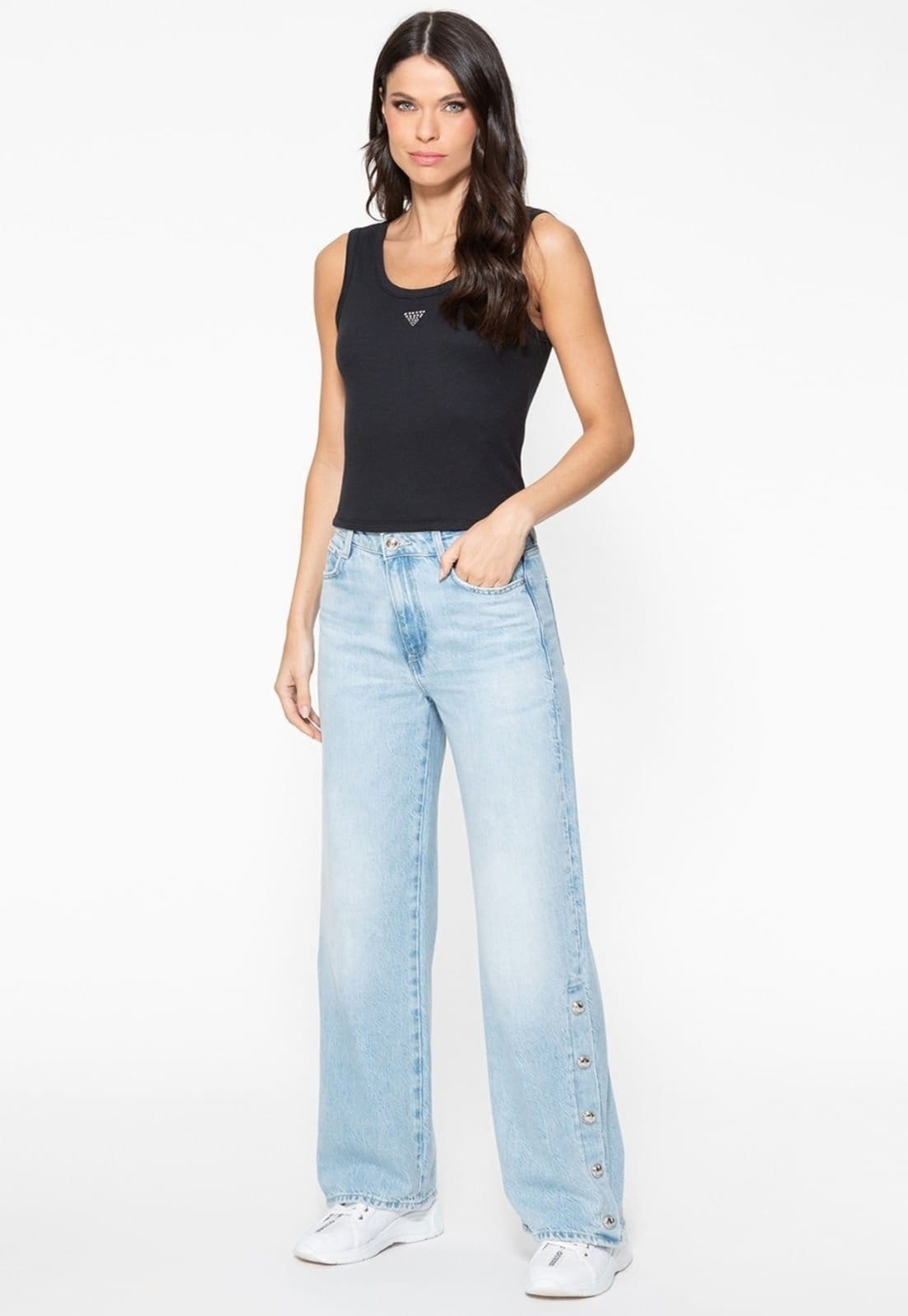 Vista 2 Calça Jeans Wide Leg Eco Fenda Botões Azul Claro Guess azul marinho