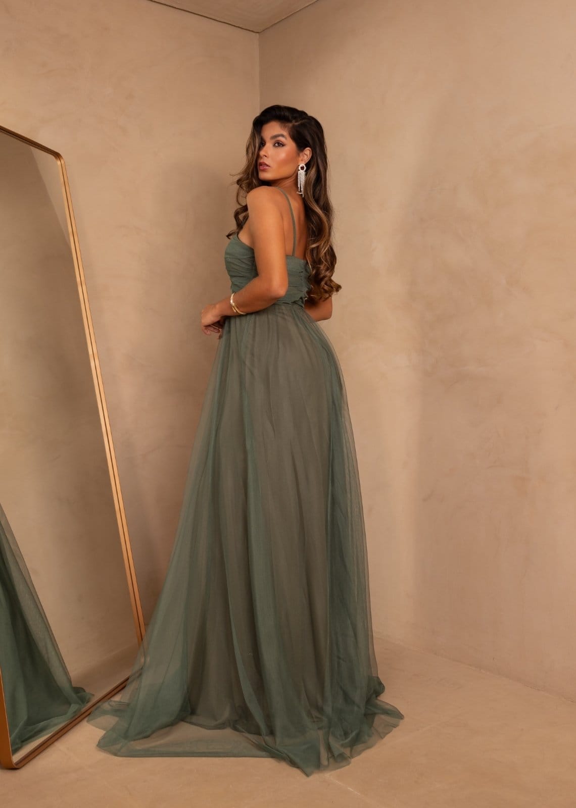 Vestido Longo Alcinha com Detalhes no Tórax Laço Ondynie Cia Do Vestido Sálvia - 2