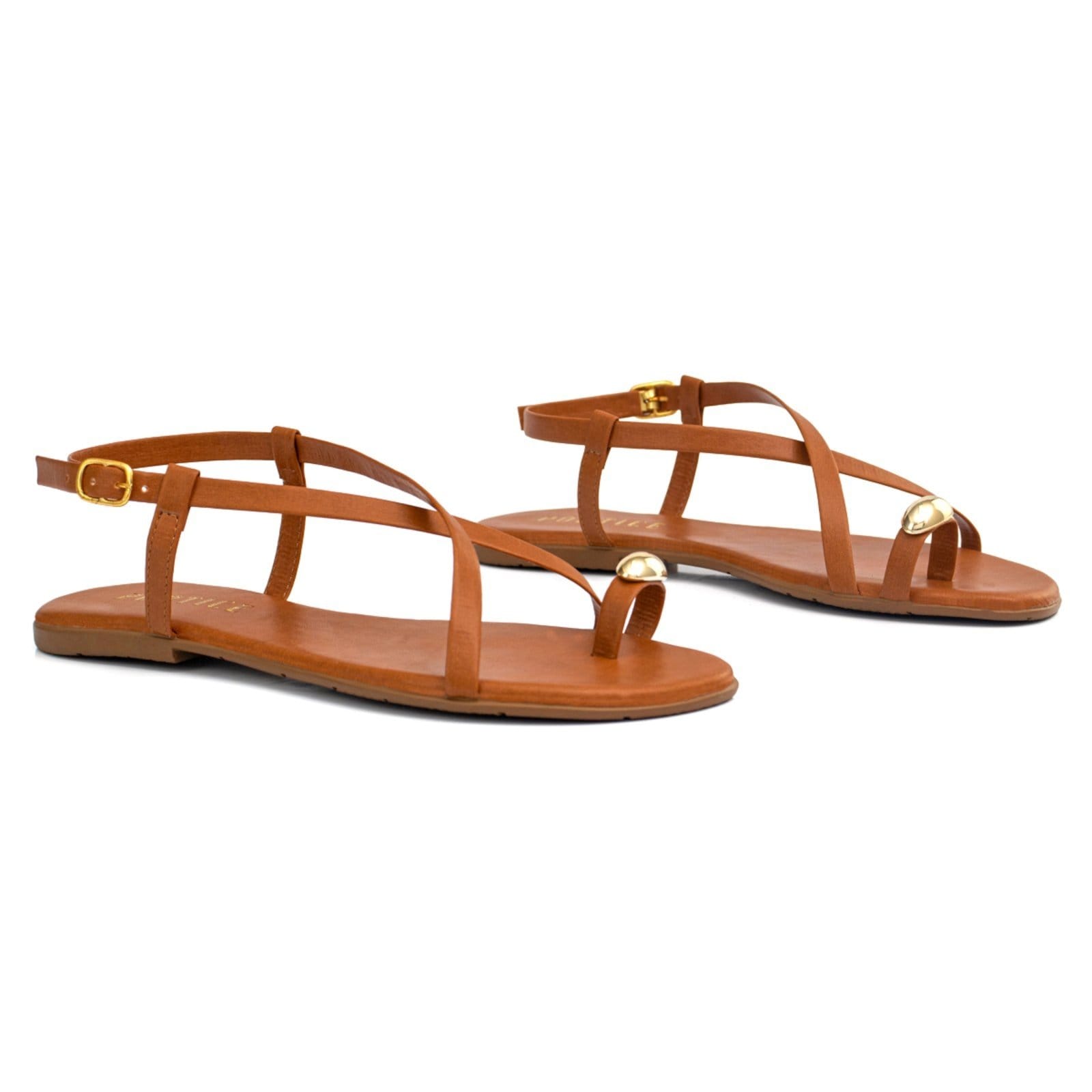 Vista 2 Sandália Feminina Rasteira Flat Enfeite Metal Anel Dedo Lesma Brilho ÉPICO CALÇADOS caramelo