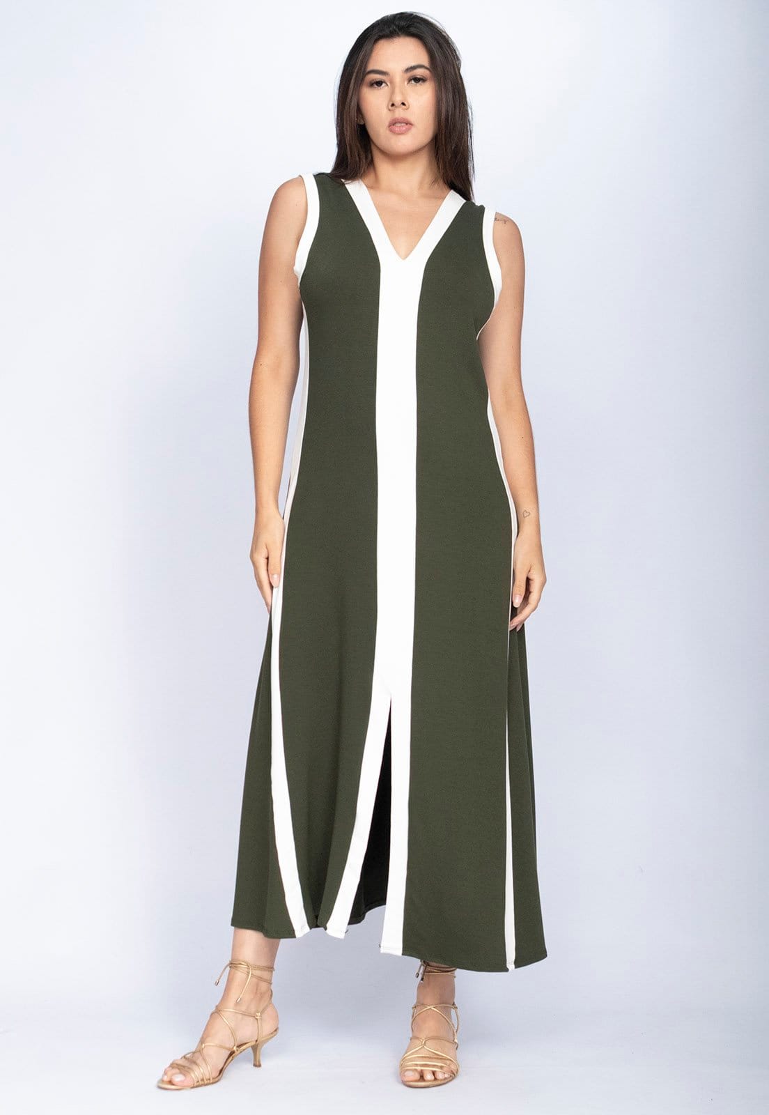 Vestido Amazonia Vital Midi Fenda Frontal Color Block Musgo