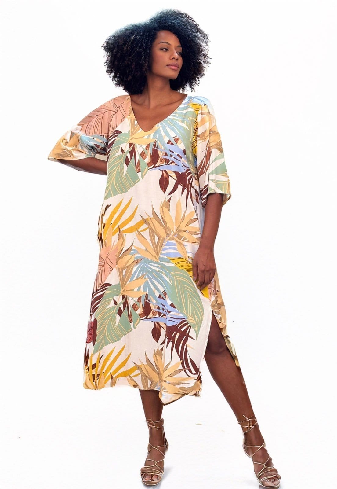 Vista 2 Vestido Midi Amazonia Vital Abapã Plano com Bolso Estampa Aurora Suave Amazonia Vital amarelo/azul/bege/bordô/estampado/off-white