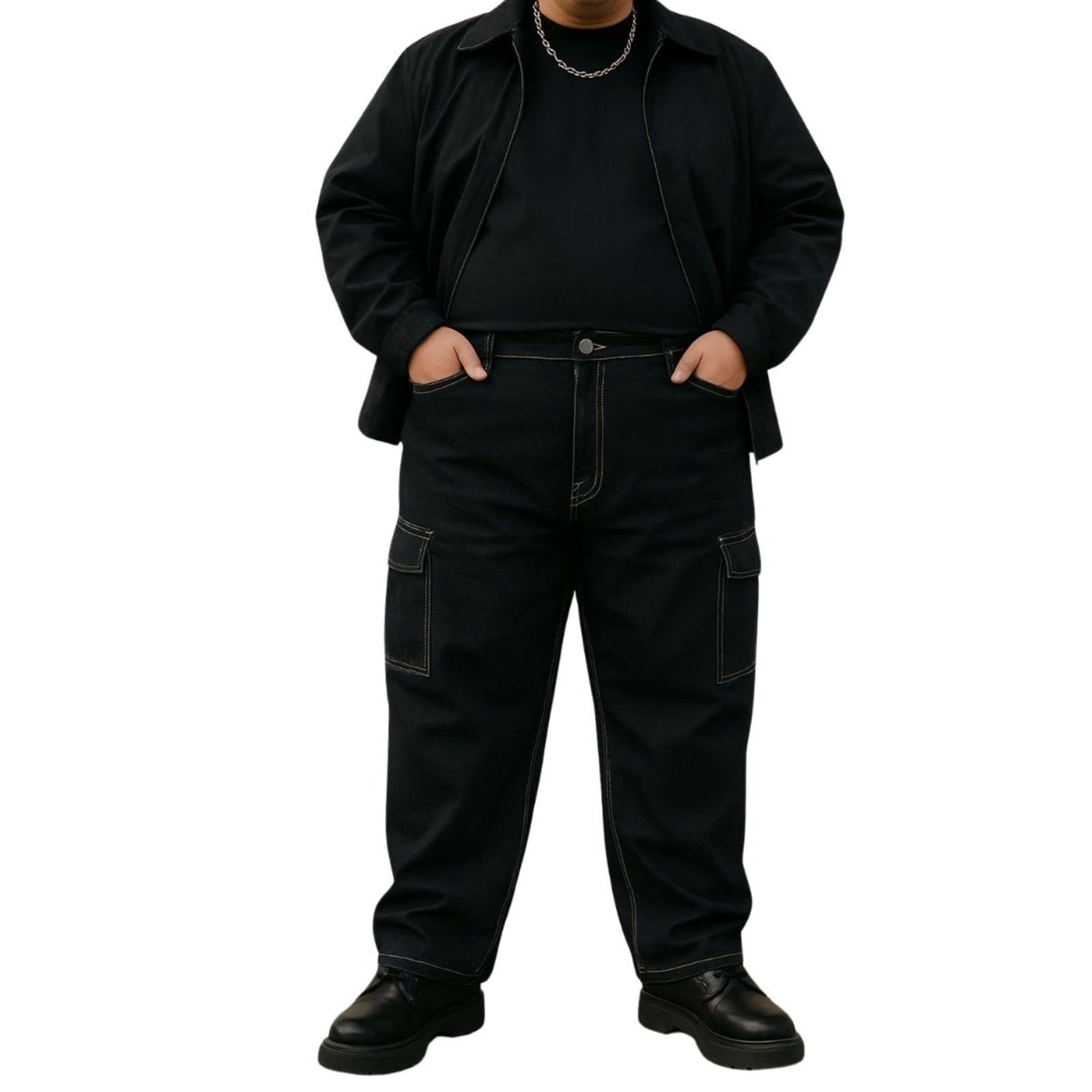 Calça Masculina Plus Size Cargo Preta Sarja com Linha Branca Jeans Ligth